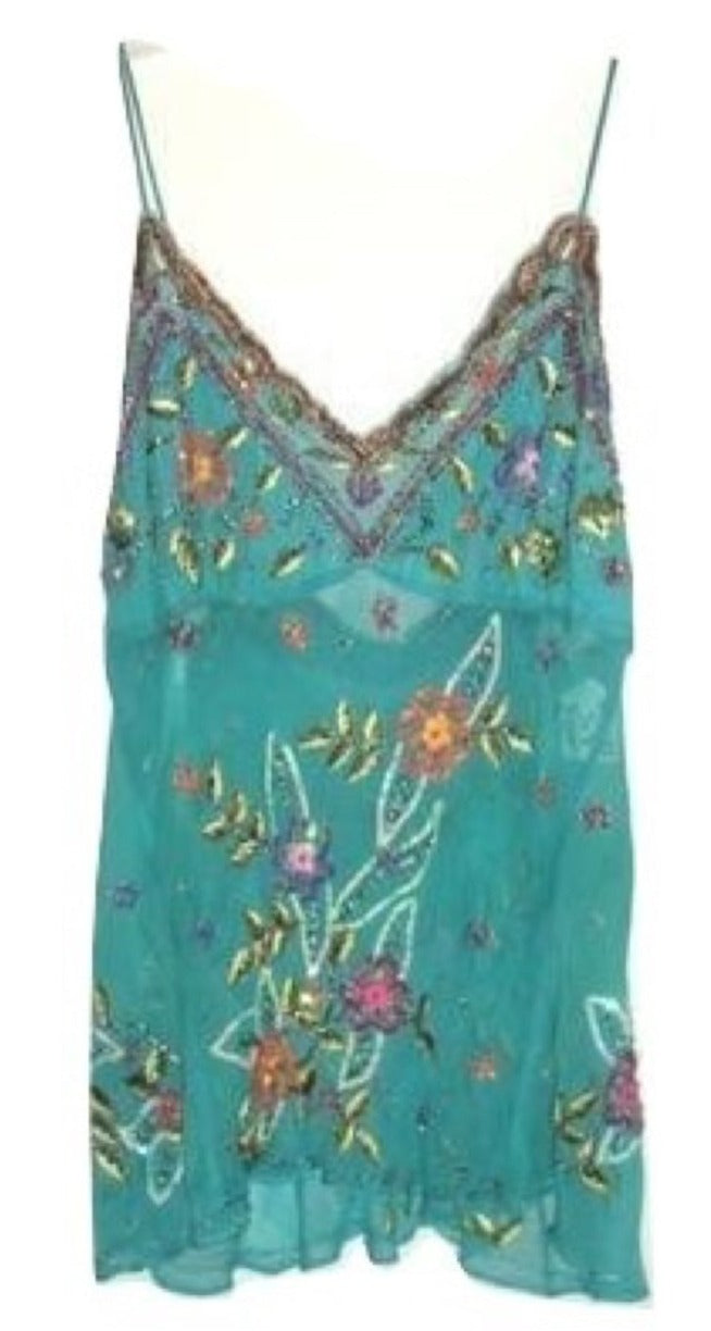 Luxury Sexy Silk Turquoise Blue Sue Wong Beaded Cocktail Formal Tank Top Small