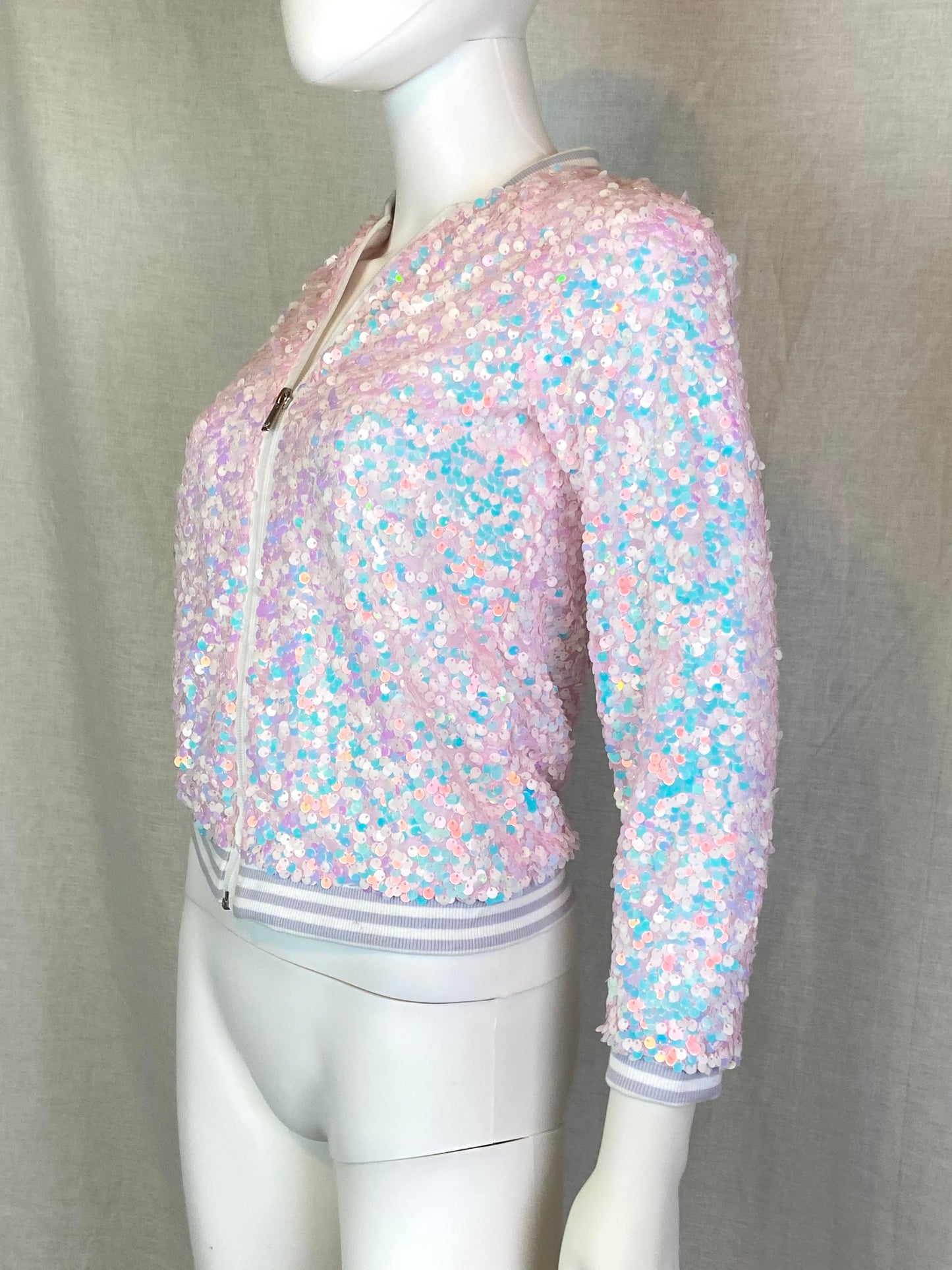 Iridescent Pink White Sequin Jacket Girls L 10-12