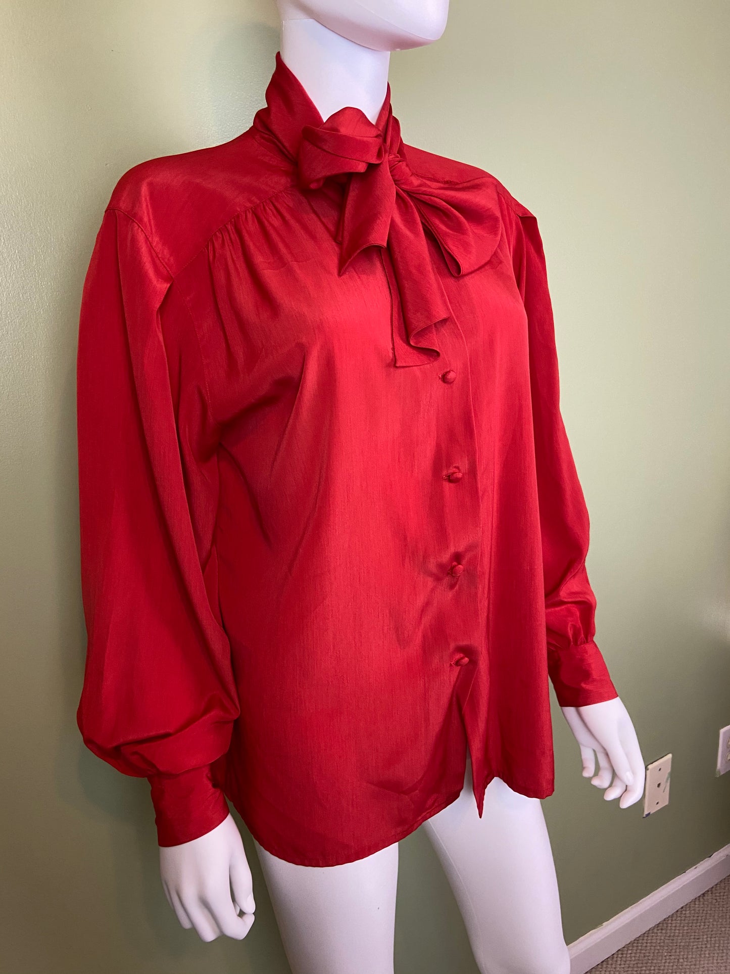 Vintage Red Kitten Bow Silky Blouson Sleeve Career Cocktail