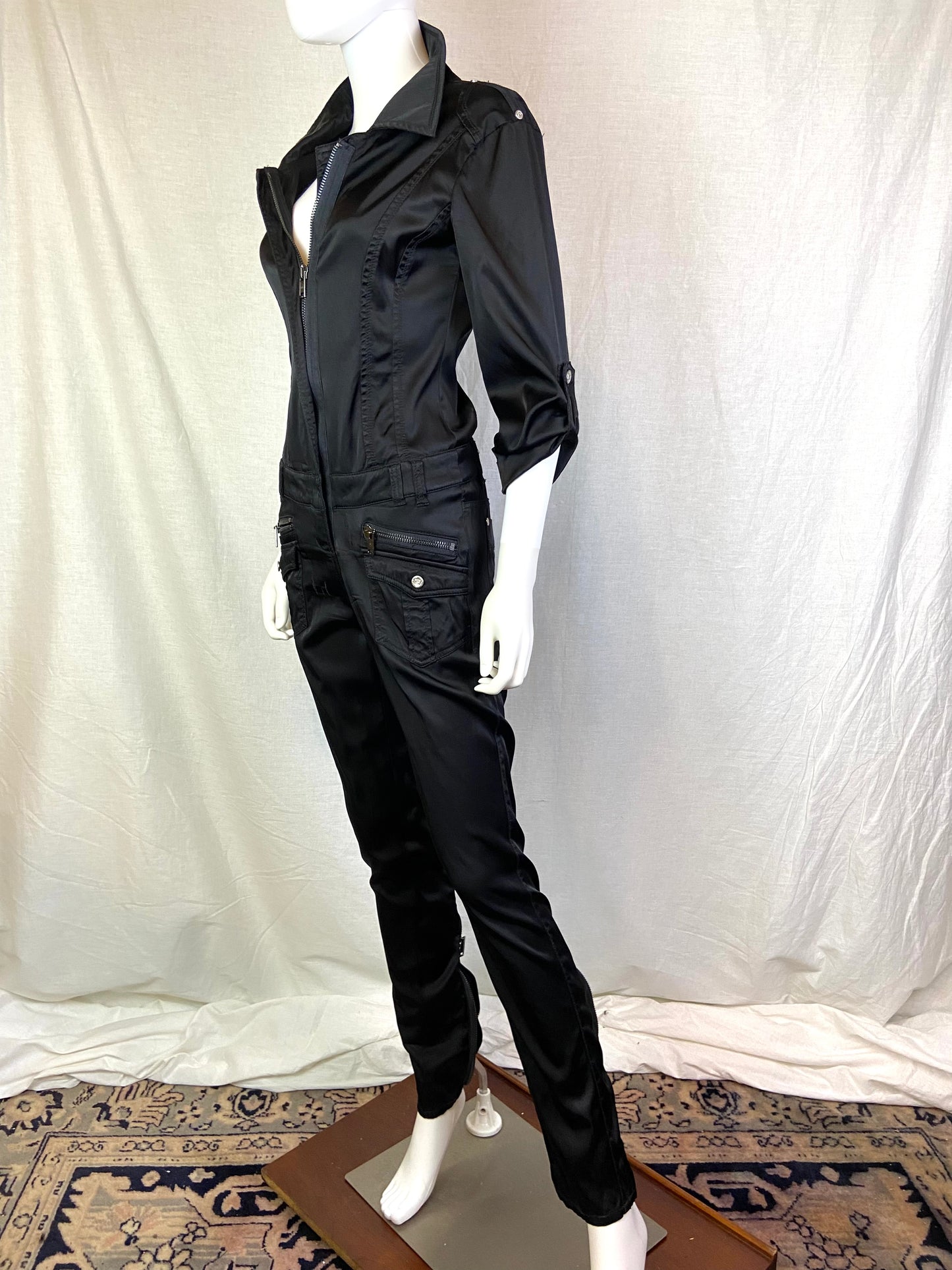BEBE Premium Black Satin Zipper Jumpsuit ABBY ESSIE STUDIOS