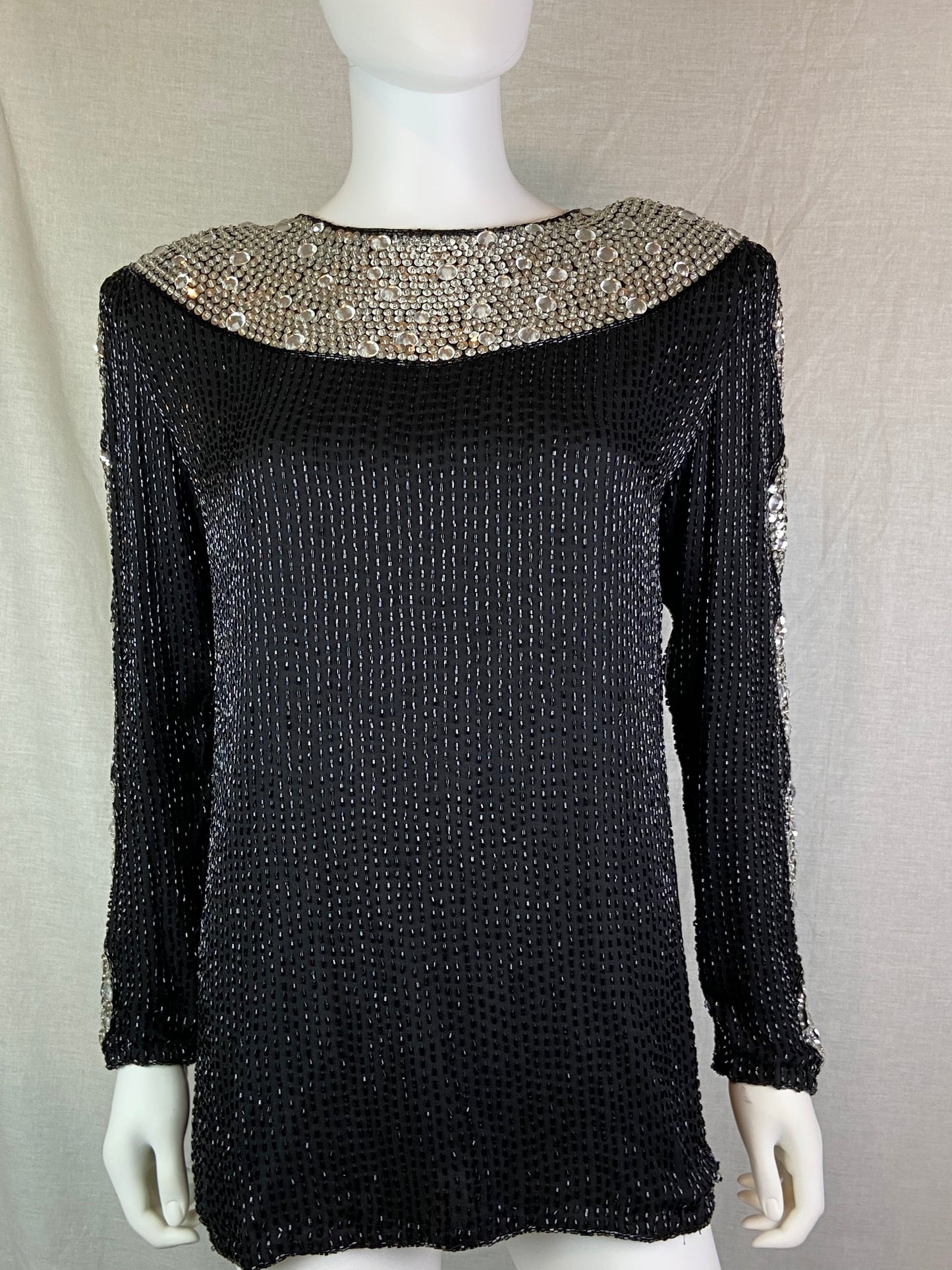 Oleg Cassini Black Silver Sequin Beaded Rhinestone Silk Top