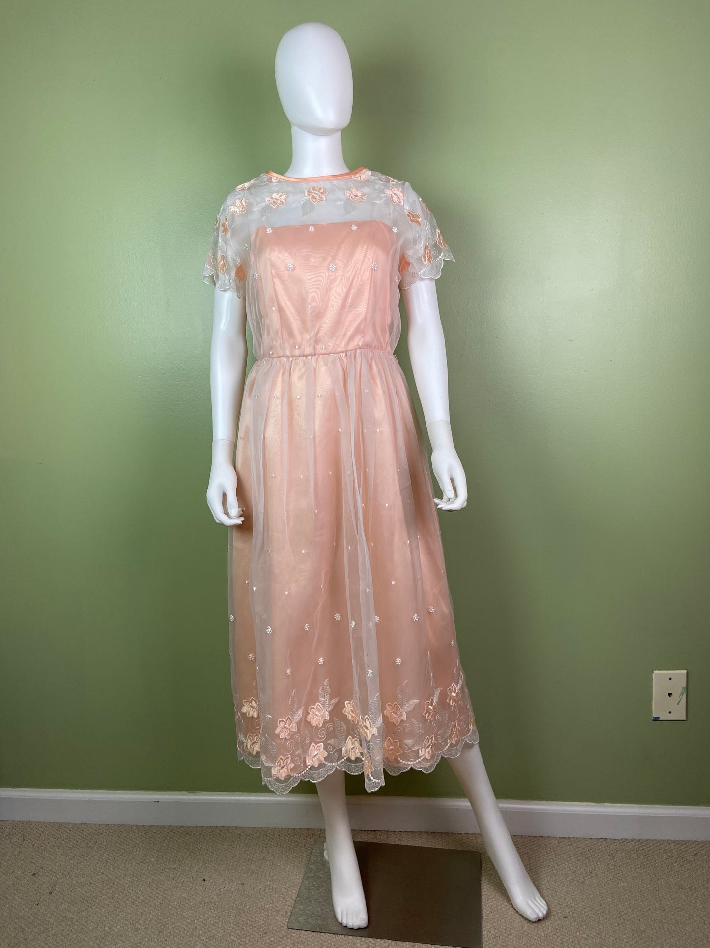 Vintage Victorian Bespoke Pink Peach Satin Sheer Embroidered Floral Lace Dress Gown Abby Essie