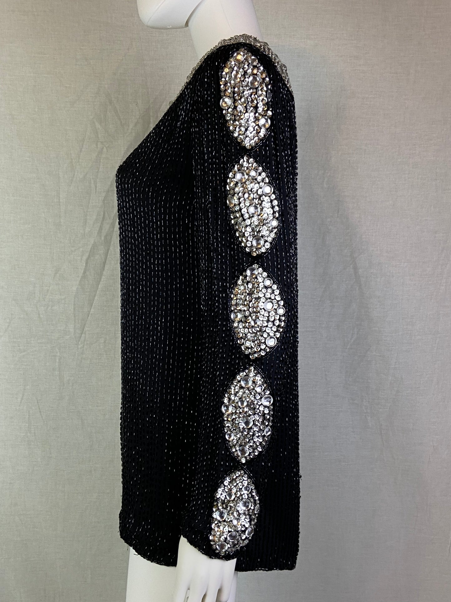 Oleg Cassini Black Silver Sequin Beaded Rhinestone Silk Top