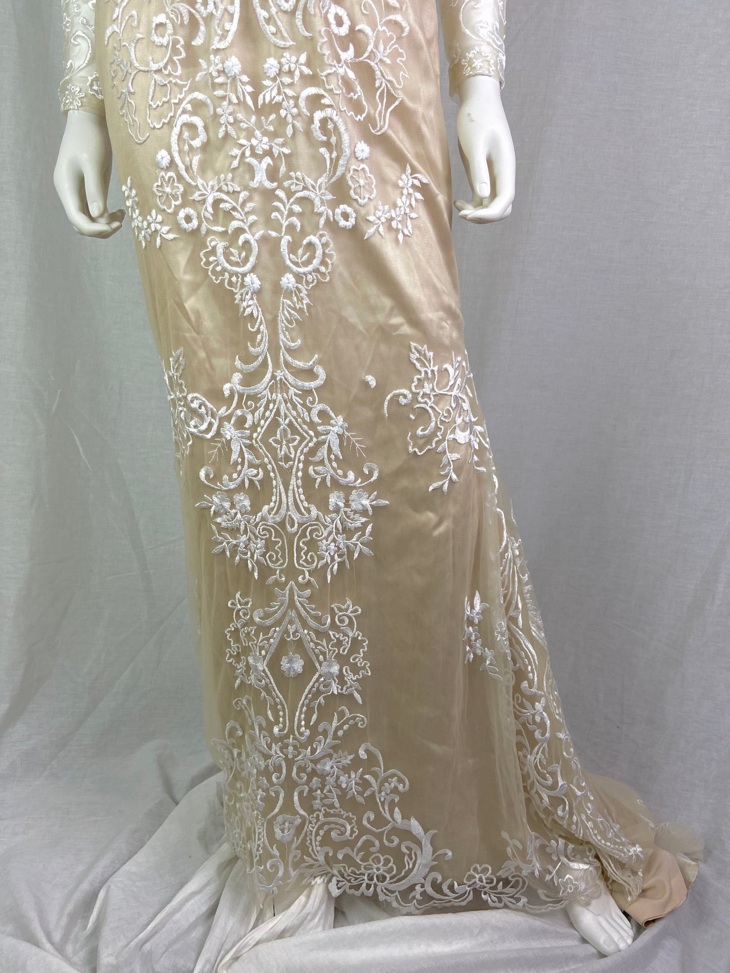 Vtg Champagne Cream Beige Embroidered Sheer Satin Wedding Gown ABBY ESSIE STUDIOS