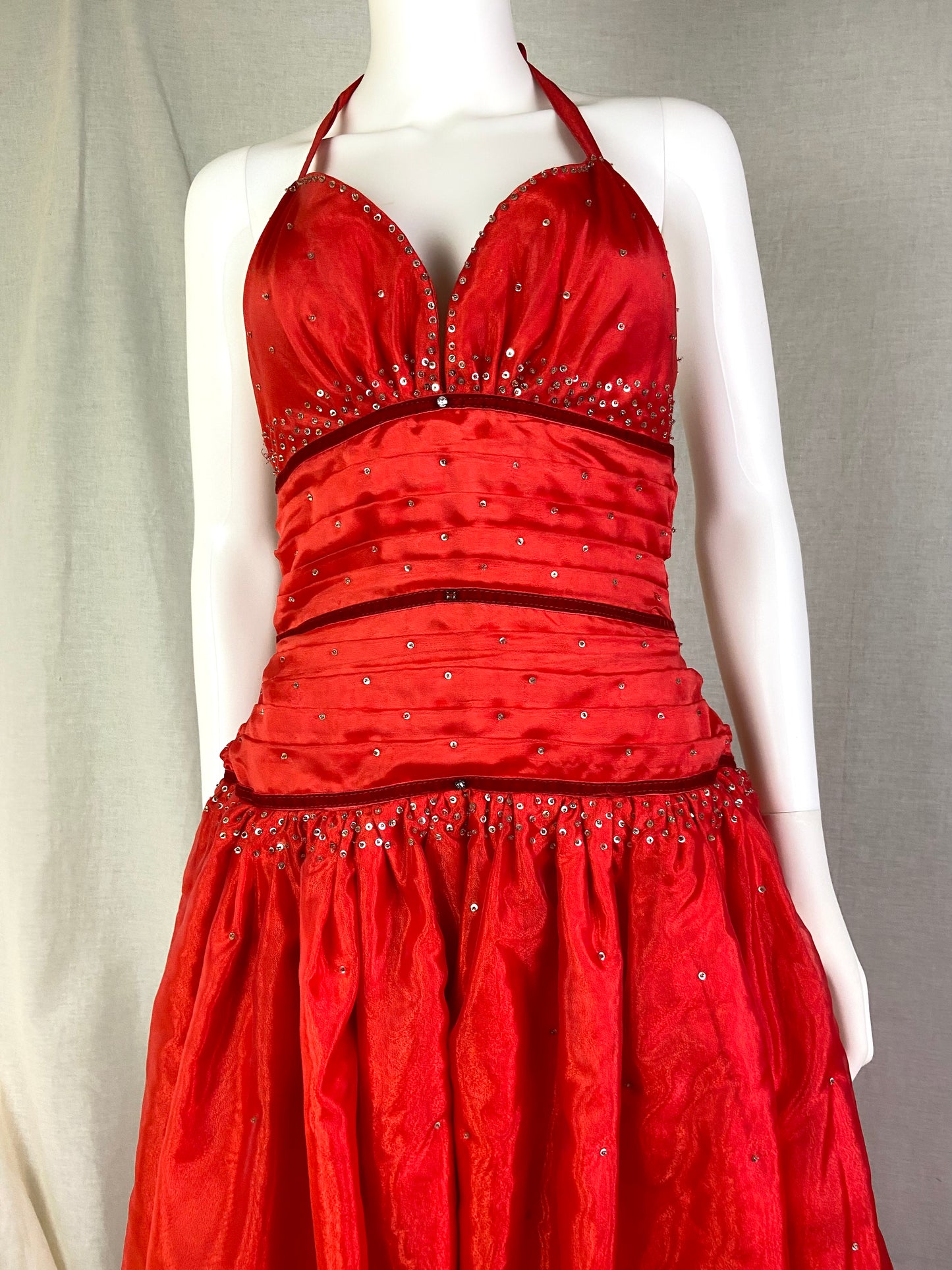 Beutifly Red Satin Rhinestone Ruche Gown ABBY ESSIE STUDIOS