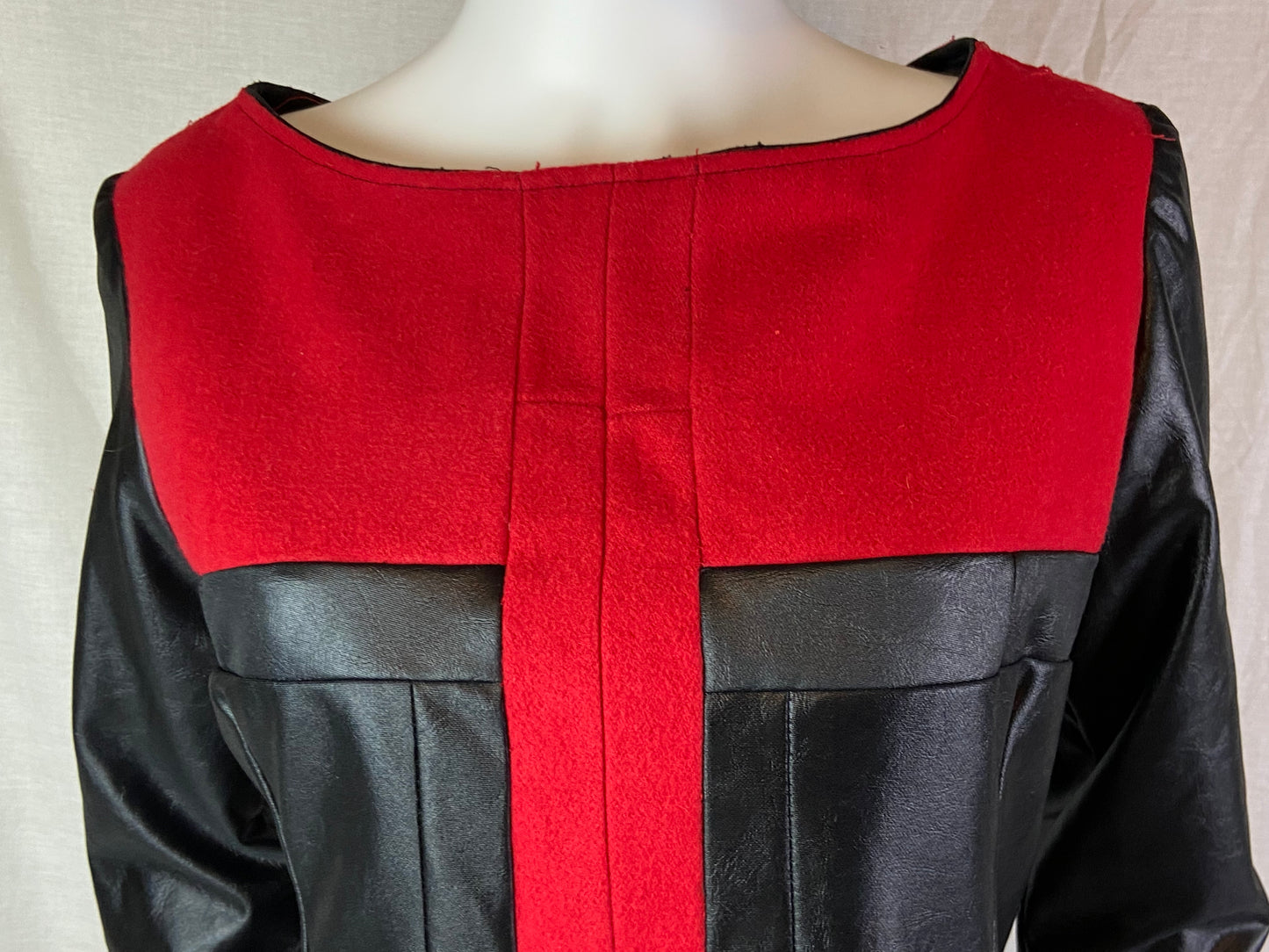 Custom Red Wool Black Faux Leather Top