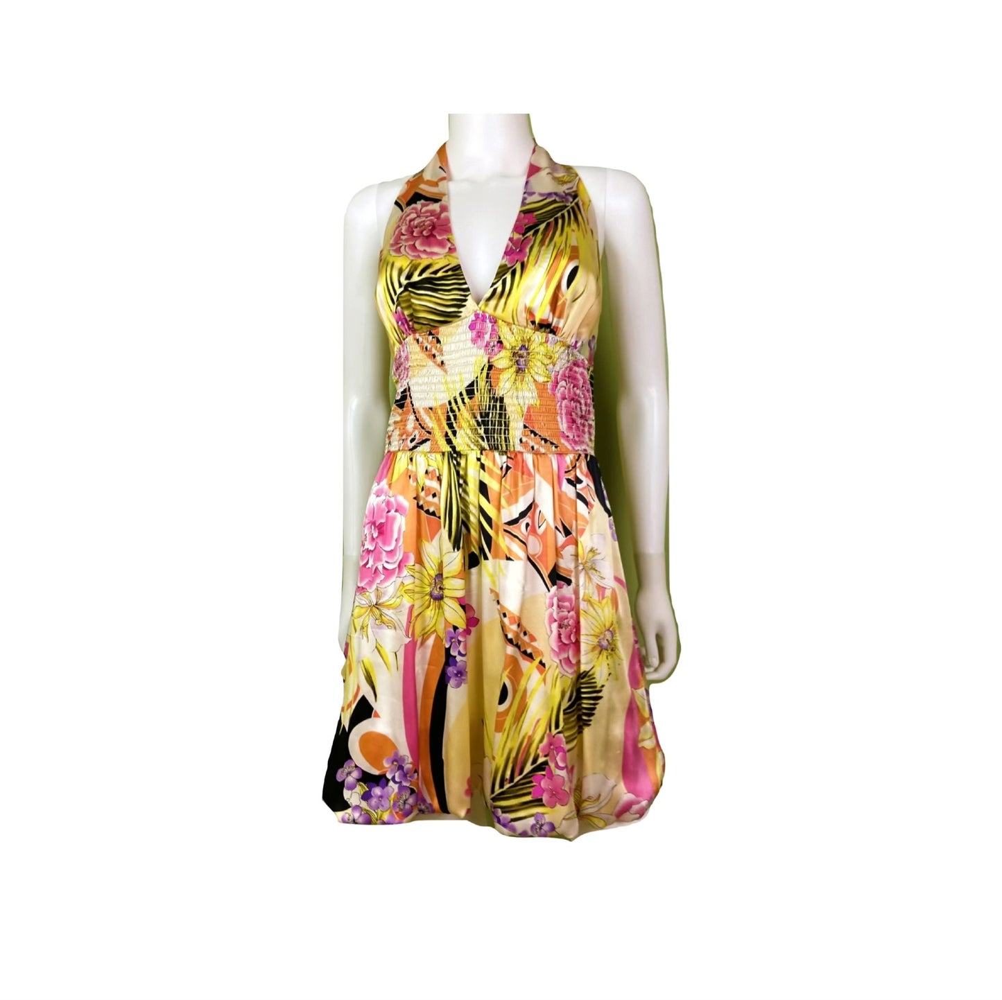 Silk Plunge Halter Gold Yellow Cache Halter Bubble Mini Dress Abby Essie