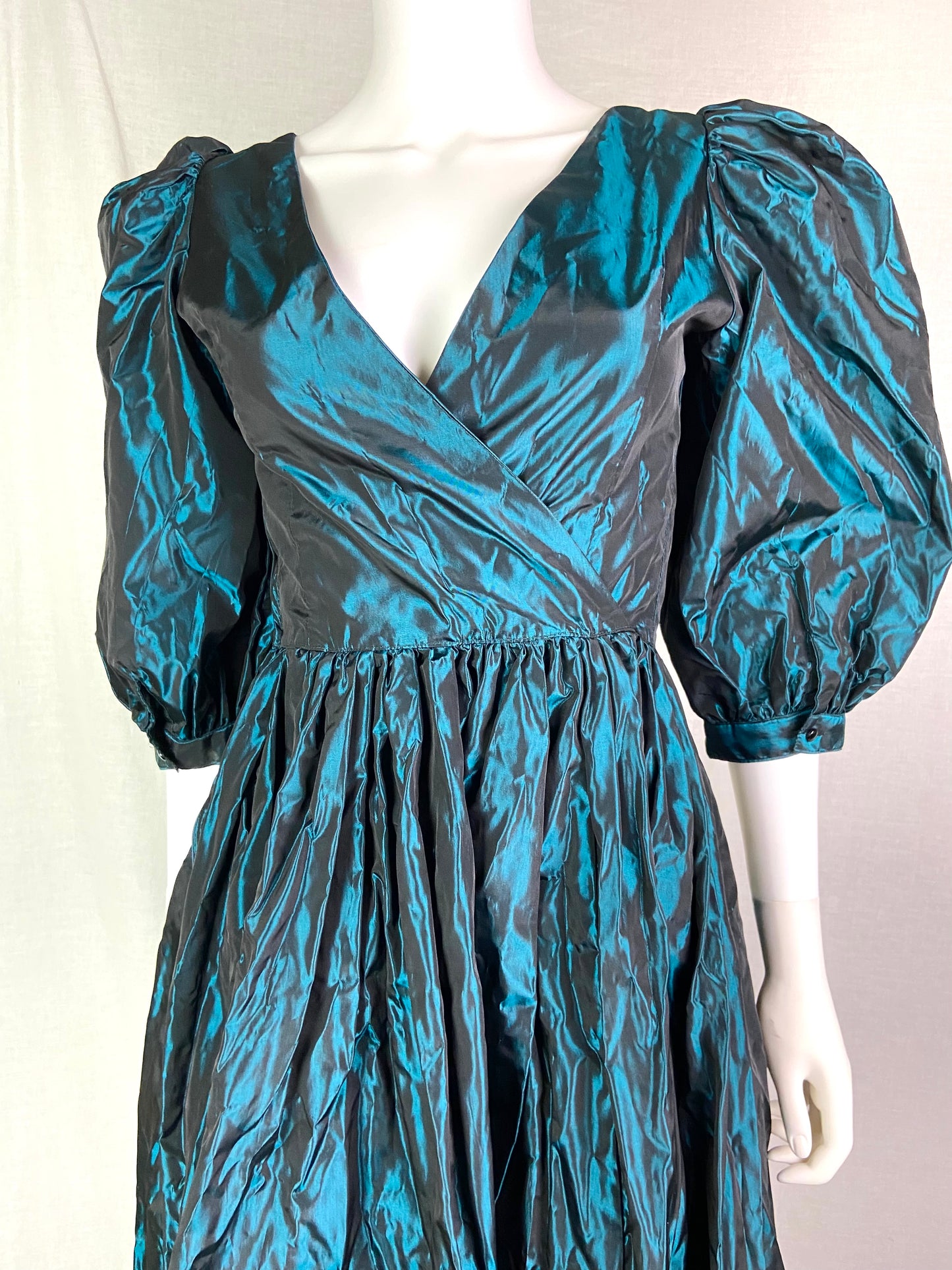 Vintage Laura Ashley Emerald Green Metallic Wrap Princess Gown Dress ABBY ESSIE STUDIOS