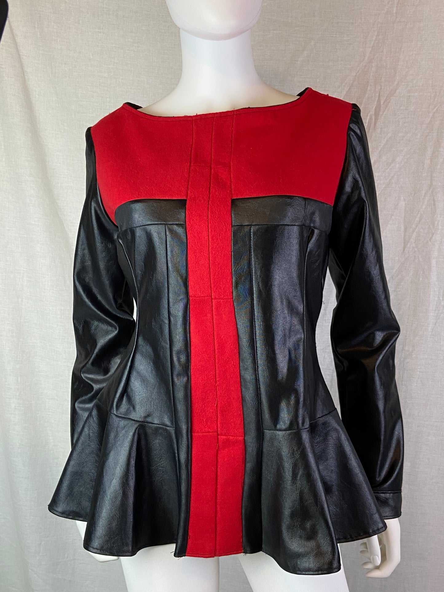 Custom Red Wool Black Faux Leather Top