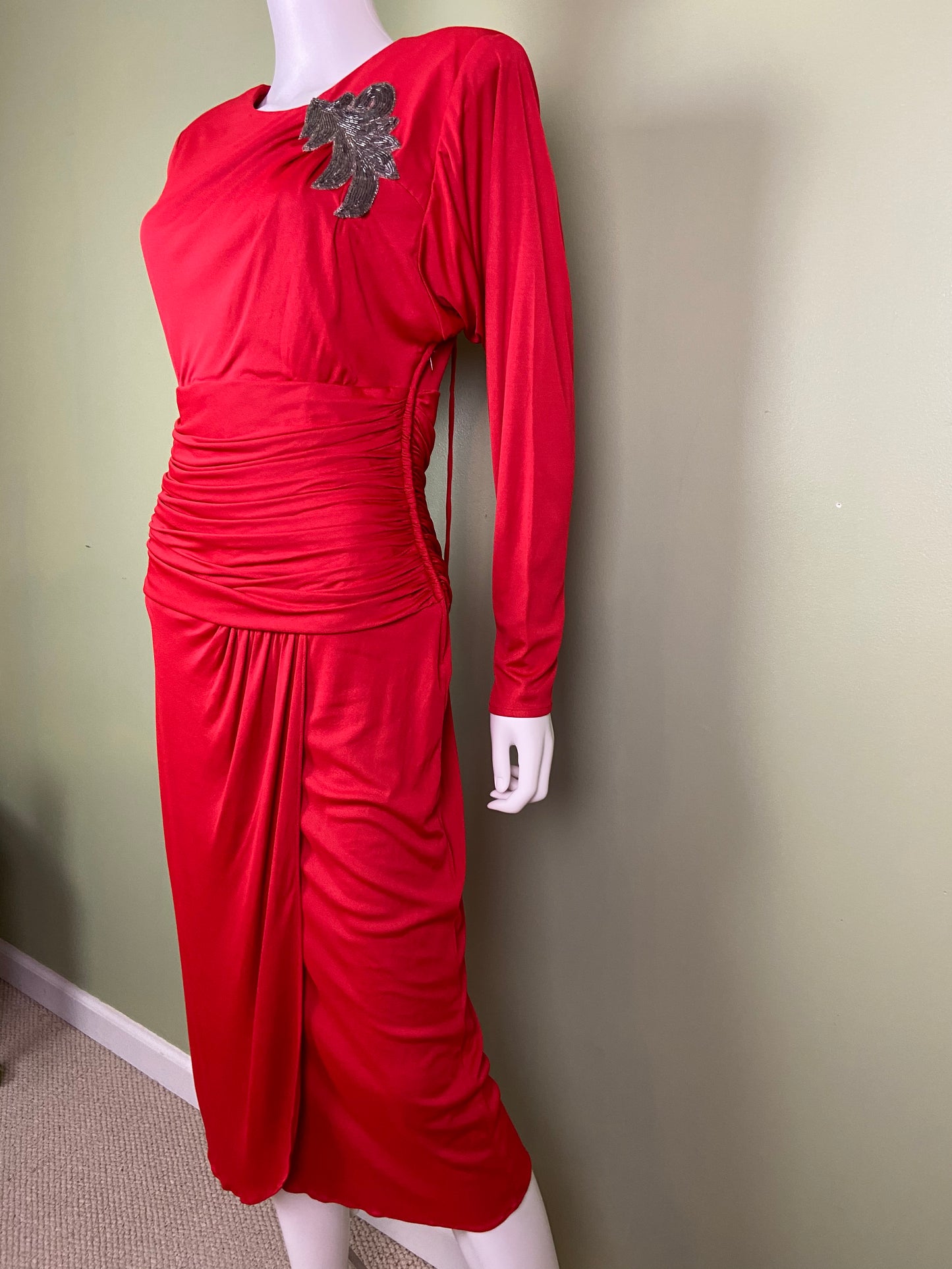 Vintage Bright Beaded Red Ruche Drape Dress Abby Essie