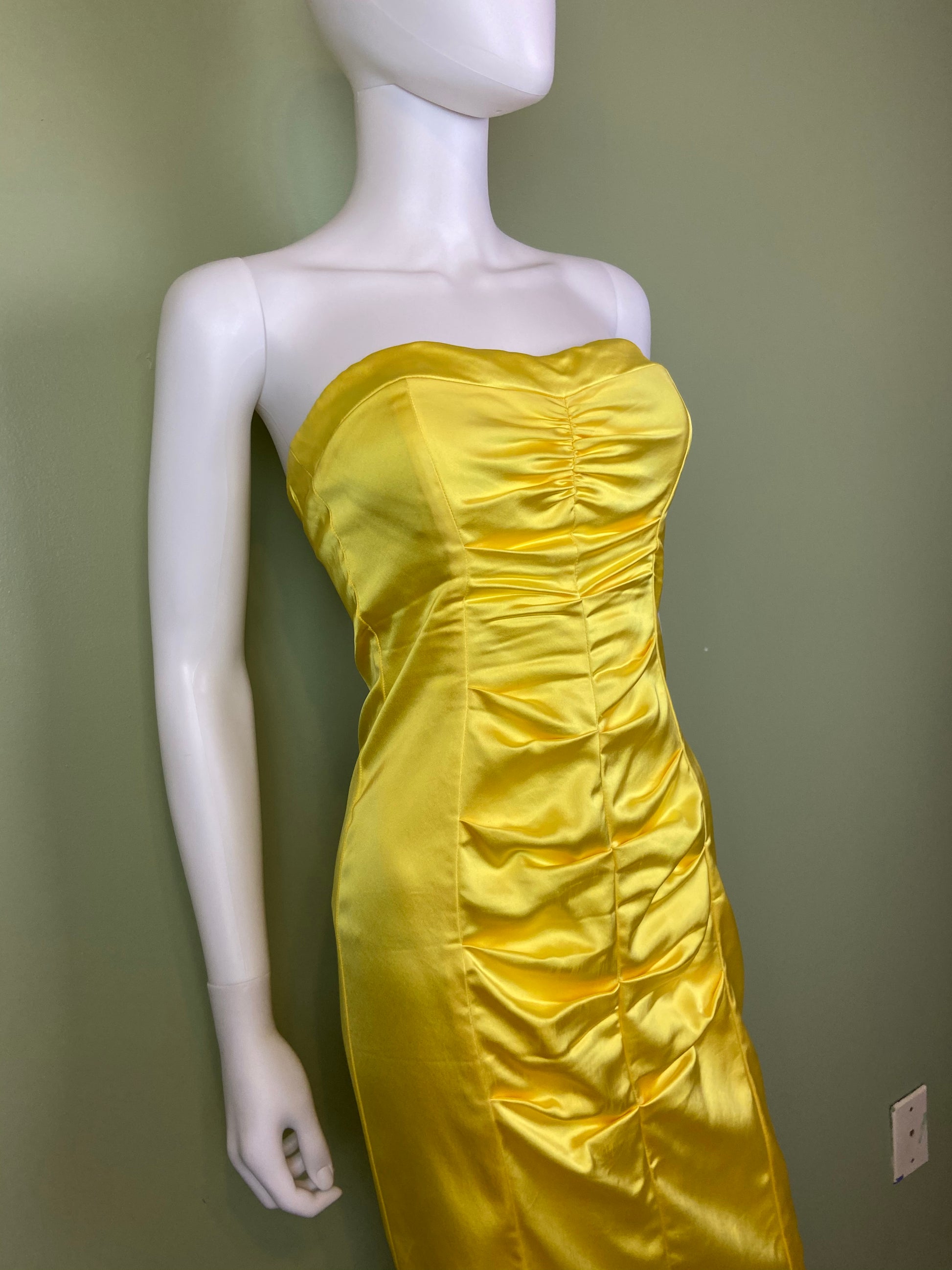 Cache Yellow Stretch Satin Ruche Corset Dress Abby Essie