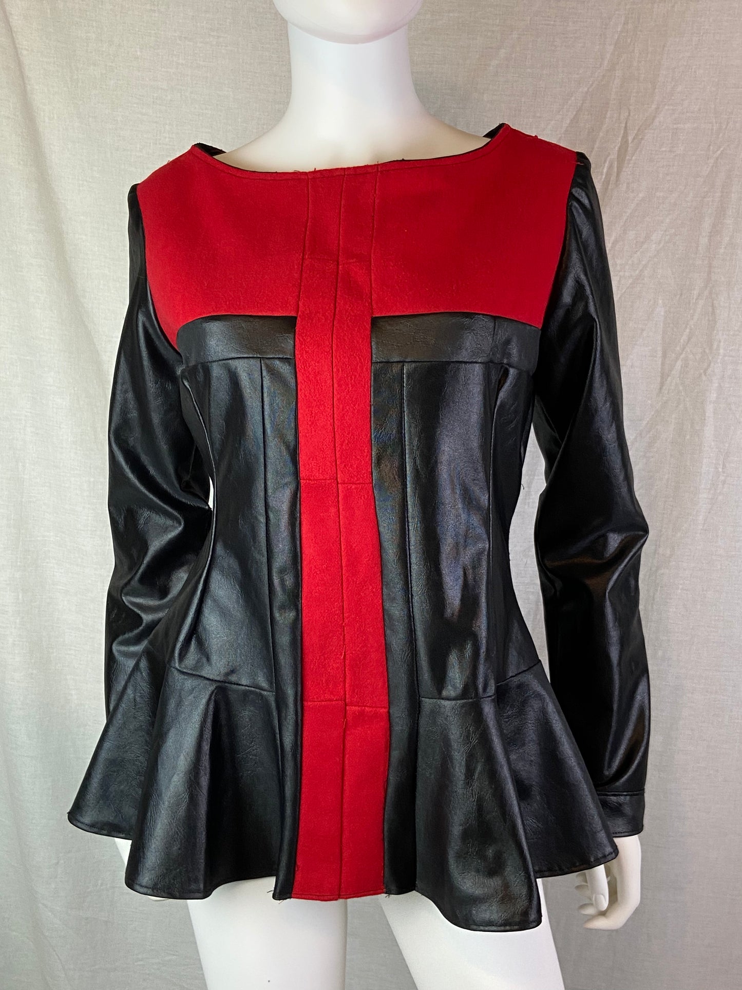 Custom Red Wool Black Faux Leather Top