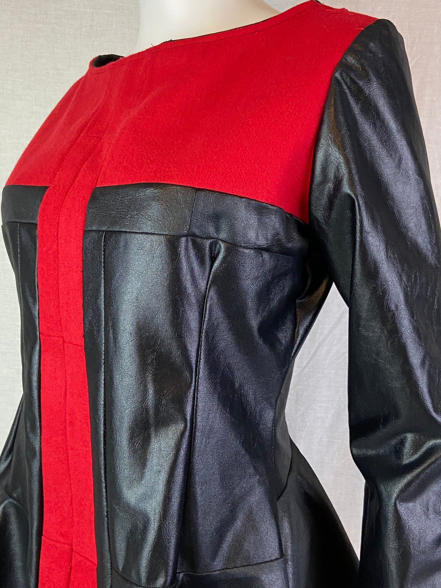 Custom Red Wool Black Faux Leather Top