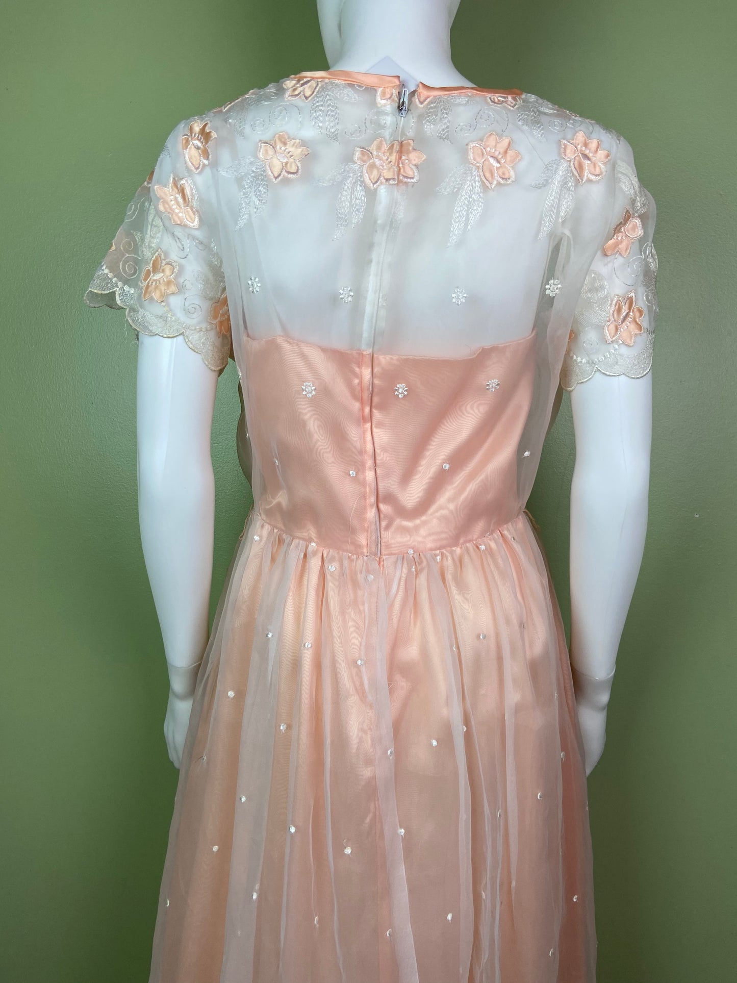 Vintage Victorian Bespoke Pink Peach Satin Sheer Embroidered Floral Lace Dress Gown Abby Essie