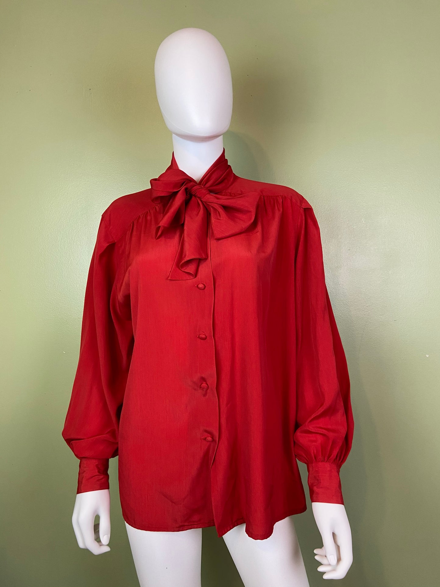 Vintage Red Kitten Bow Silky Blouson Sleeve Career Cocktail