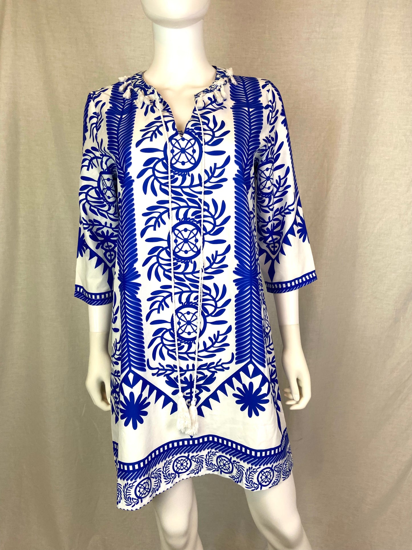 Blue White Silky Geometric Dress Coverup Small ABBY ESSIE STUDIOS