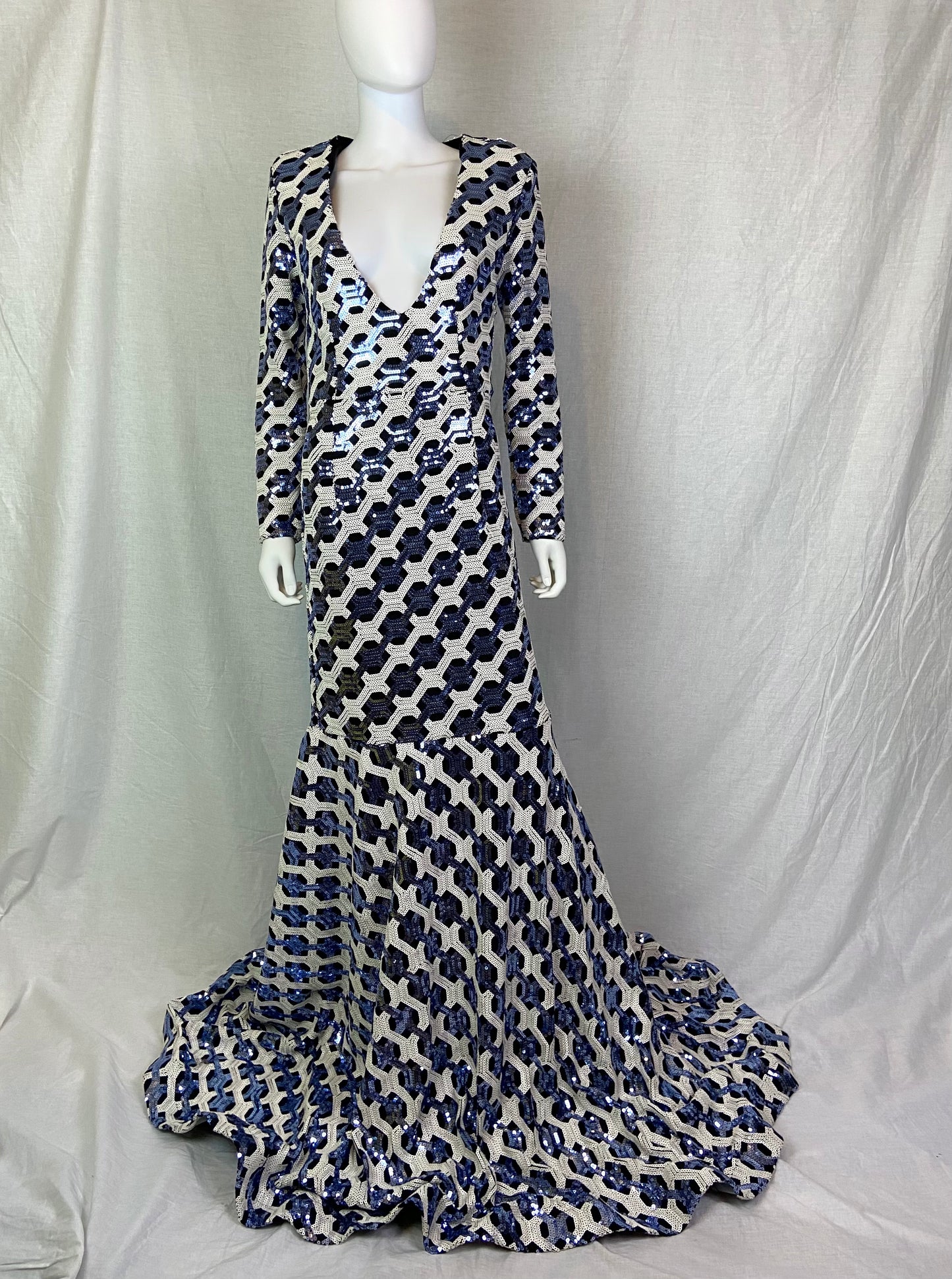 VINTAGE CUSTOM Blue White Black Sequin Mermaid Gown ABBY ESSIE STUDIOS