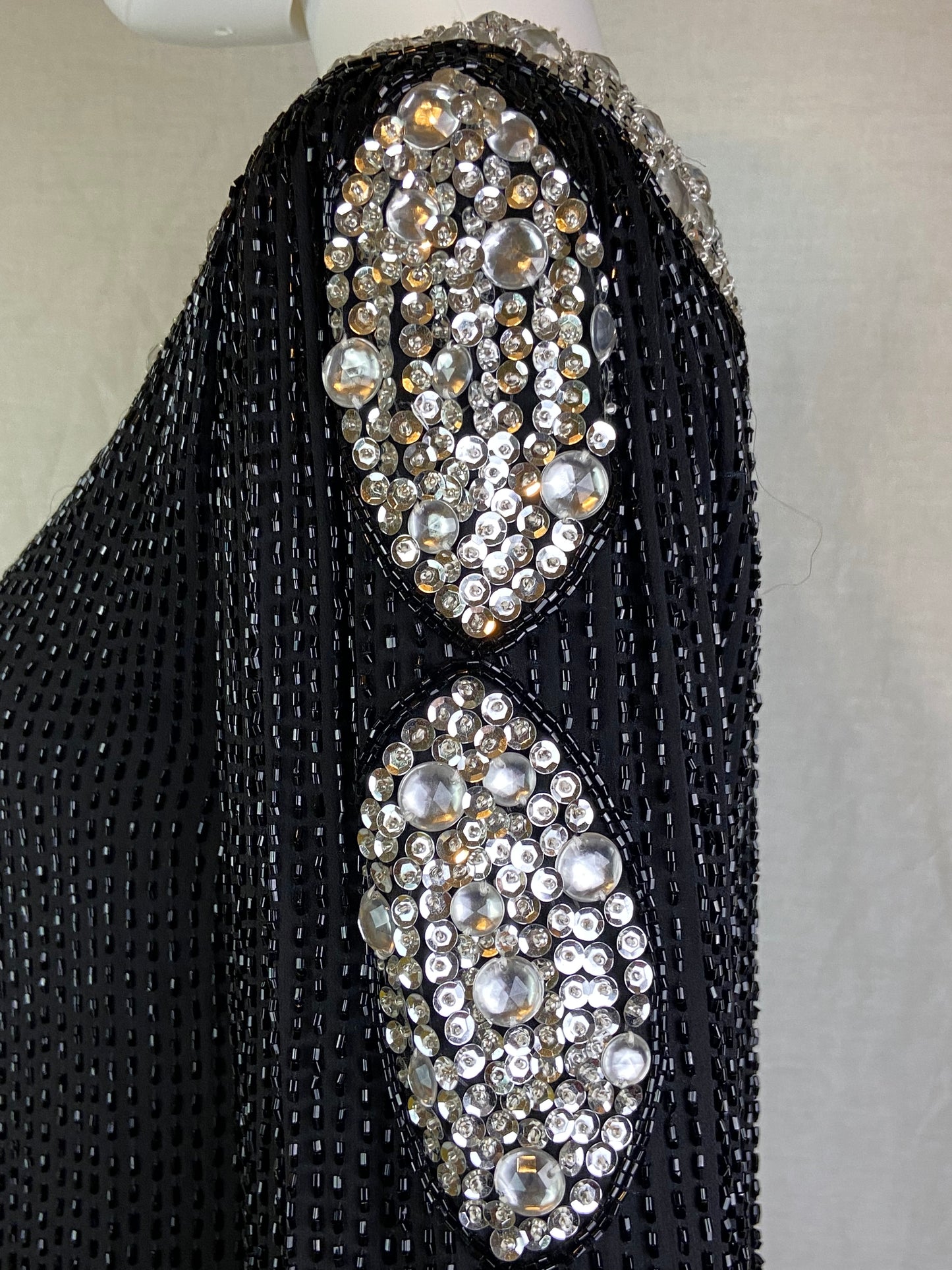 Oleg Cassini Black Silver Sequin Beaded Rhinestone Silk Top
