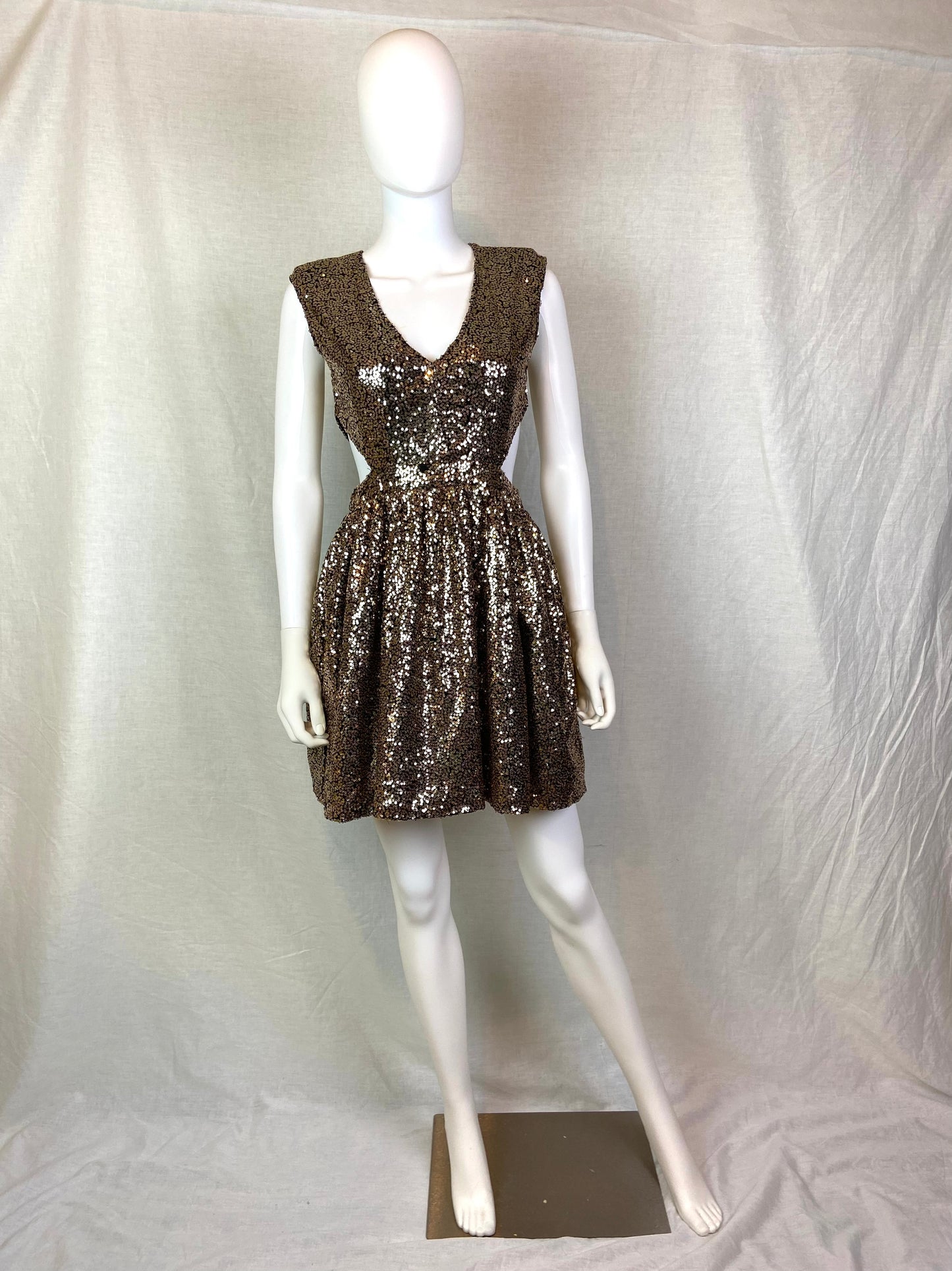 Gold Bronze Sequin Cut Out Dress ABBY ESSIE STUDIOS