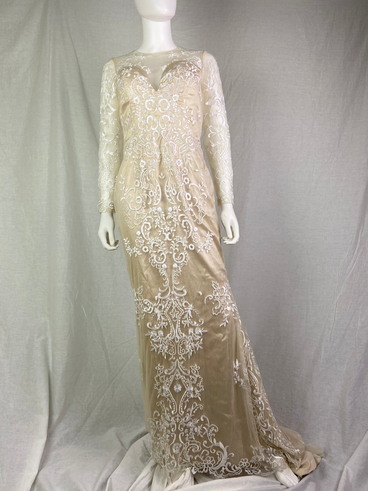 Vtg Champagne Cream Beige Embroidered Sheer Satin Wedding Gown ABBY ESSIE STUDIOS