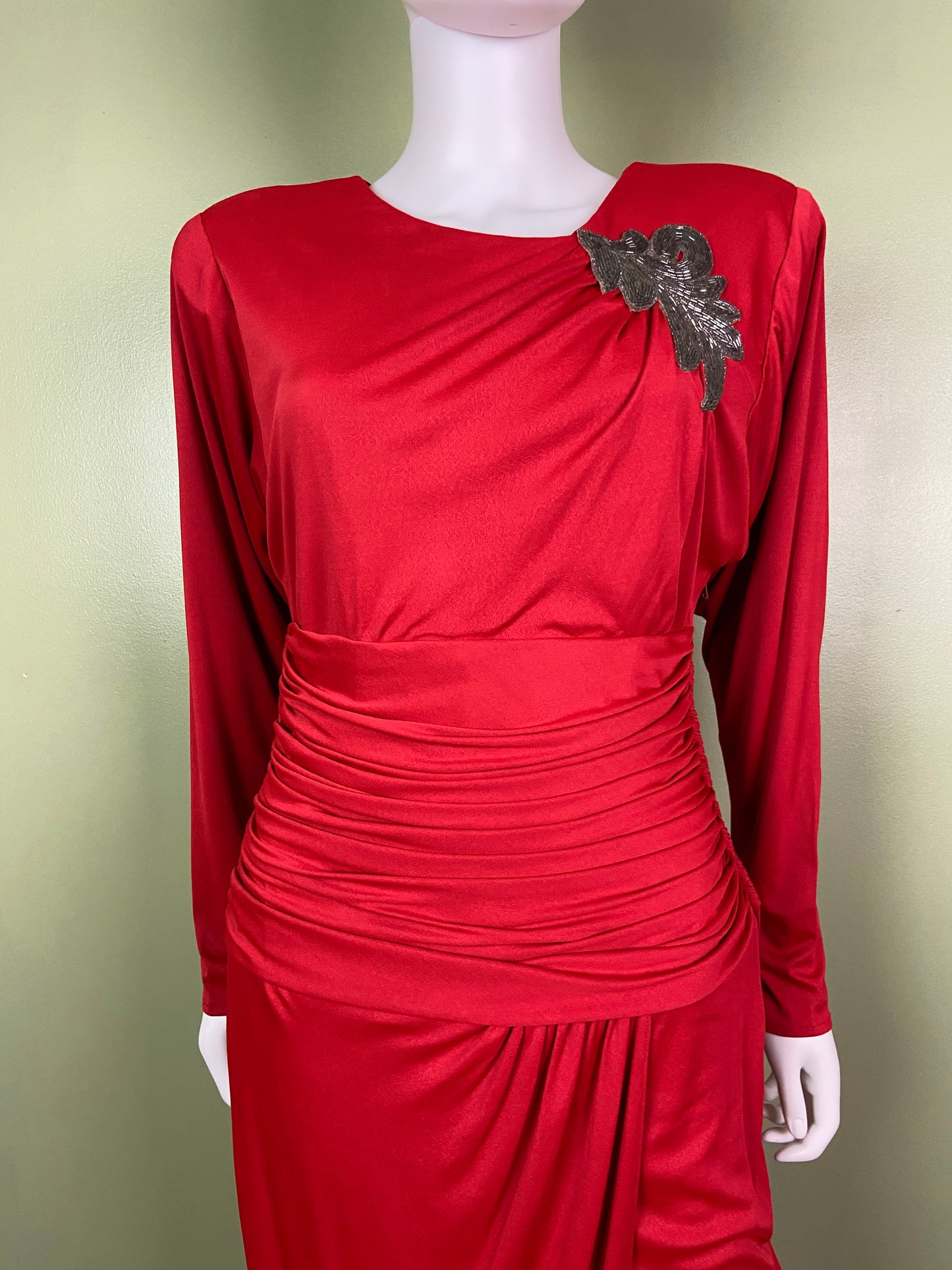 Vintage Bright Beaded Red Ruche Drape Dress Abby Essie