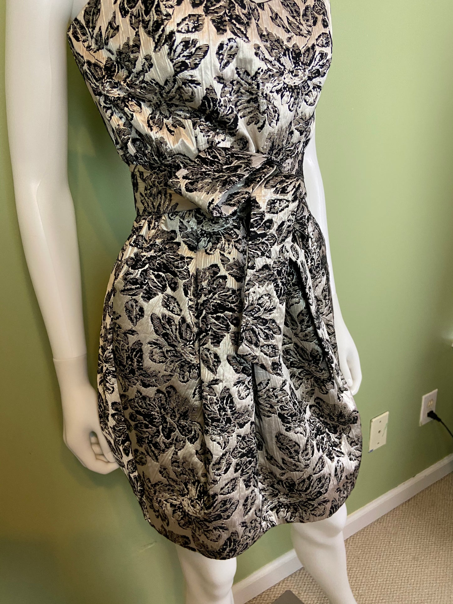 Silver Lame Black Floral Strapless Bustier Bubble Dress Abby Essie