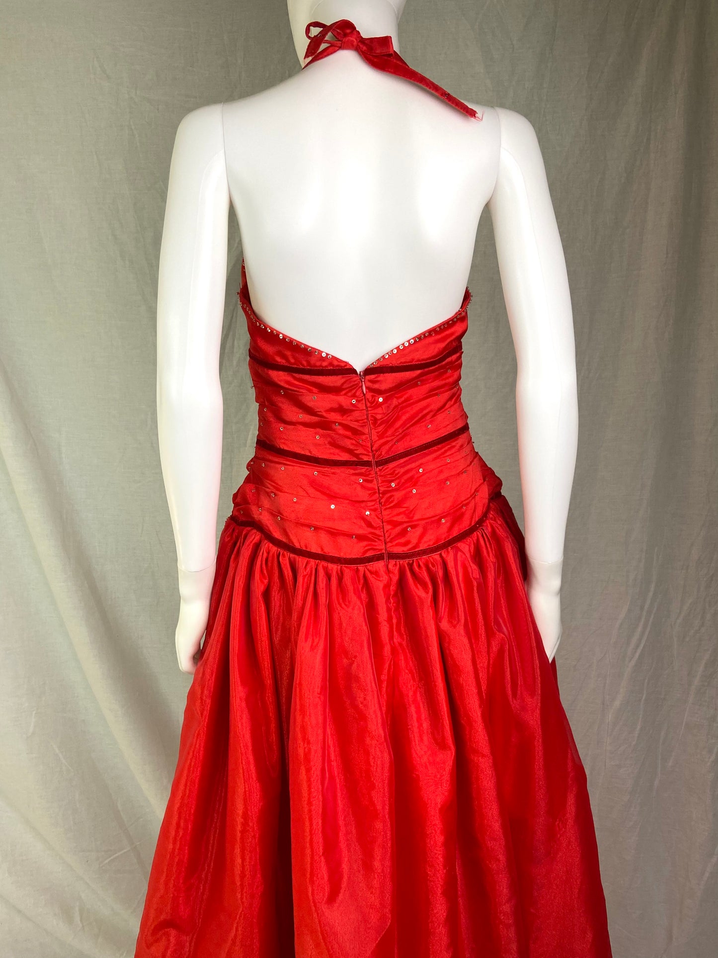 Beutifly Red Satin Rhinestone Ruche Gown ABBY ESSIE STUDIOS