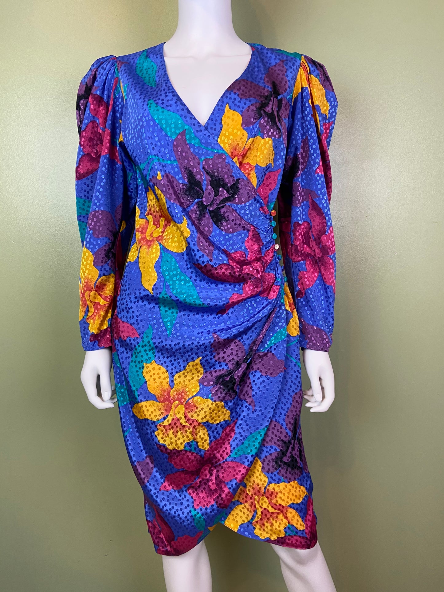 Vintage Silky Blue Floral Wrap Dress ABBY ESSIE Designer & Vintage