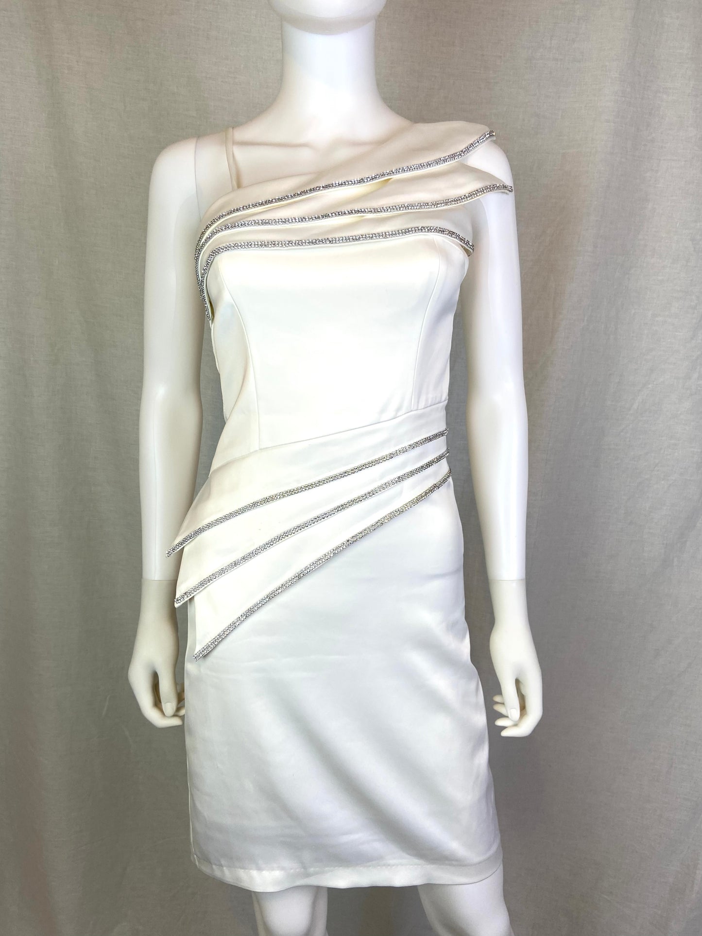 White Satin Rhinestone Asymetrical Cocktail Dress Small XS ABBY ESSIE STUDIOS