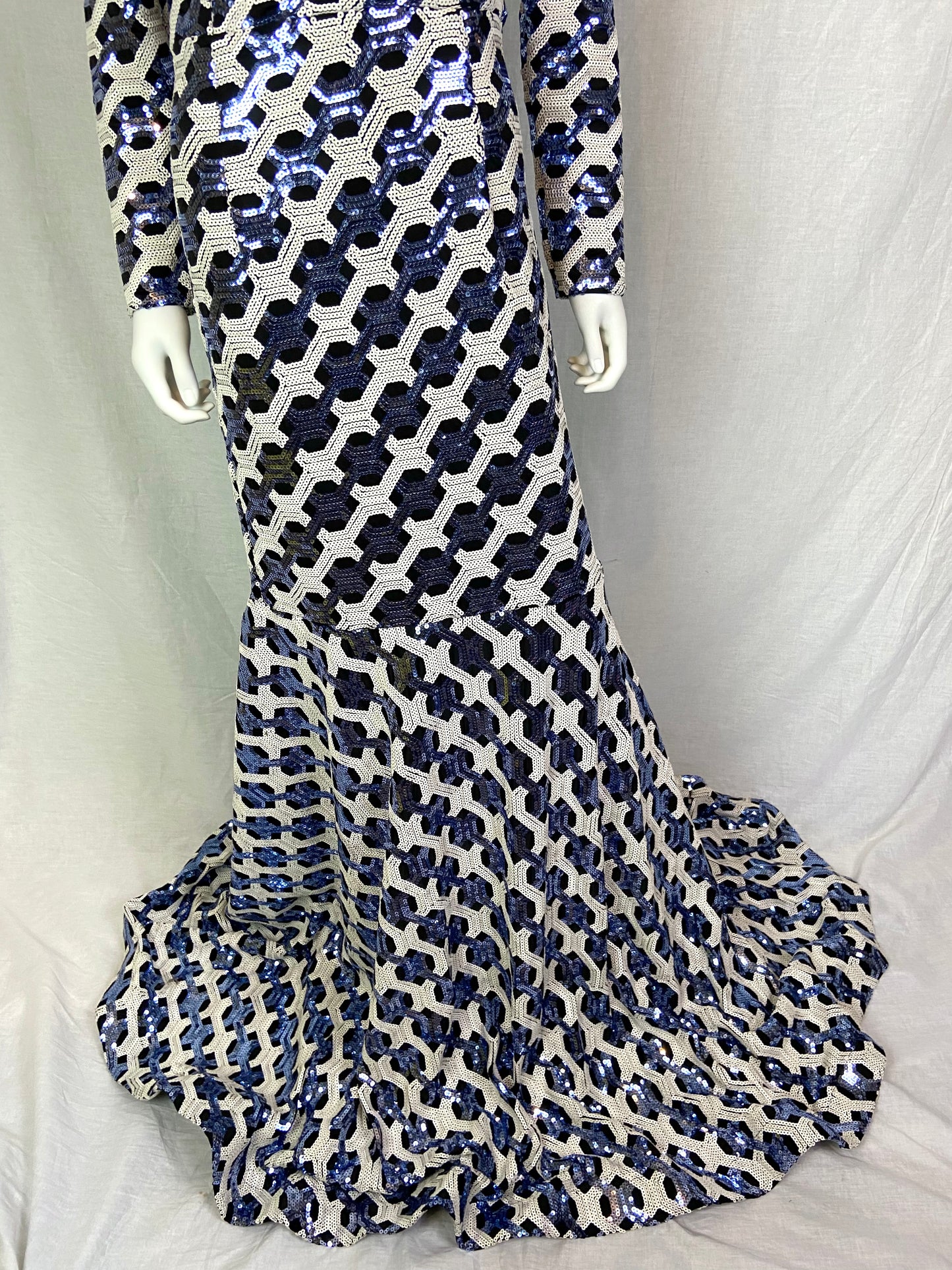 VINTAGE CUSTOM Blue White Black Sequin Mermaid Gown ABBY ESSIE STUDIOS