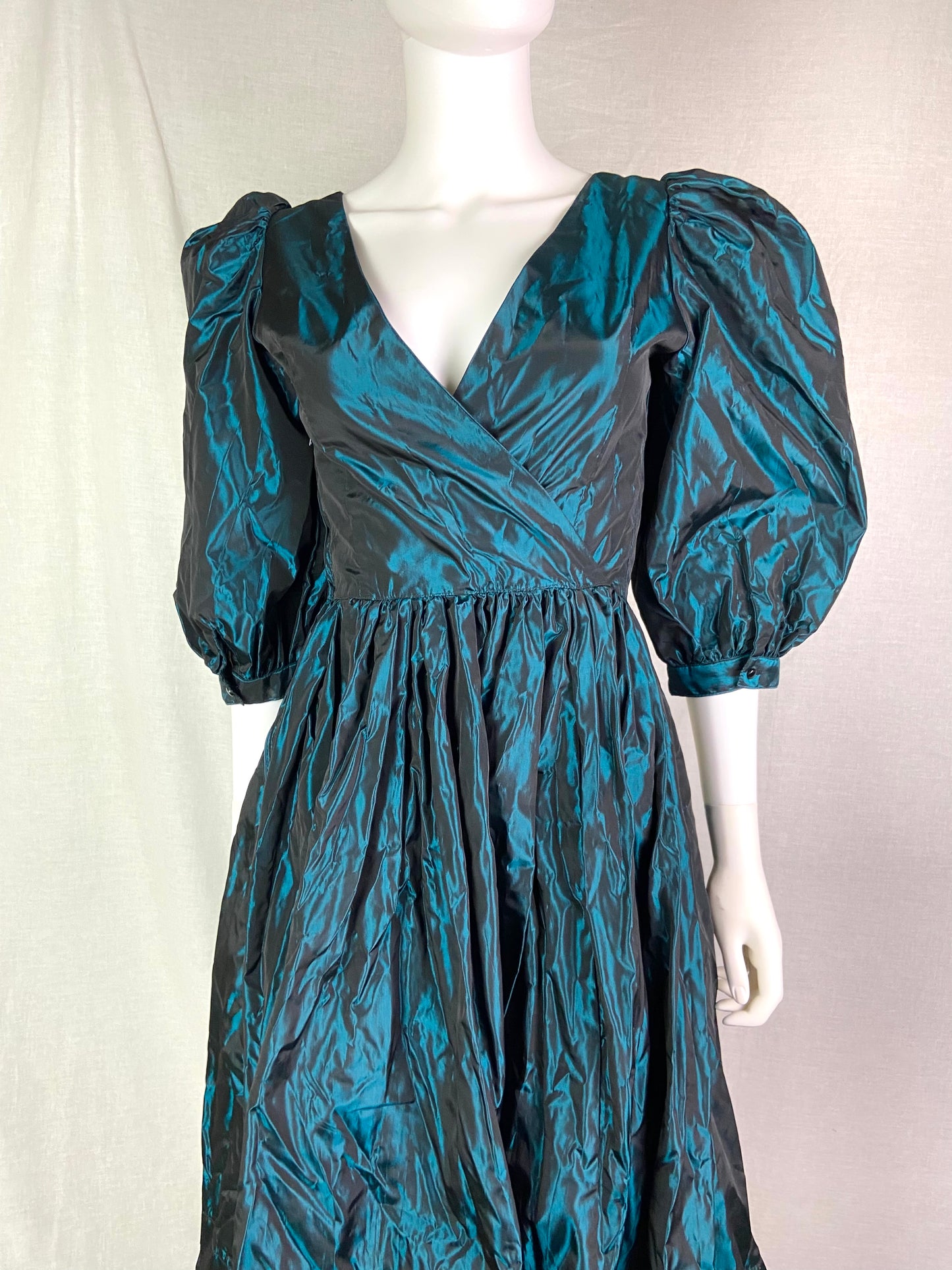 Vintage Laura Ashley Emerald Green Metallic Wrap Princess Gown Dress ABBY ESSIE STUDIOS