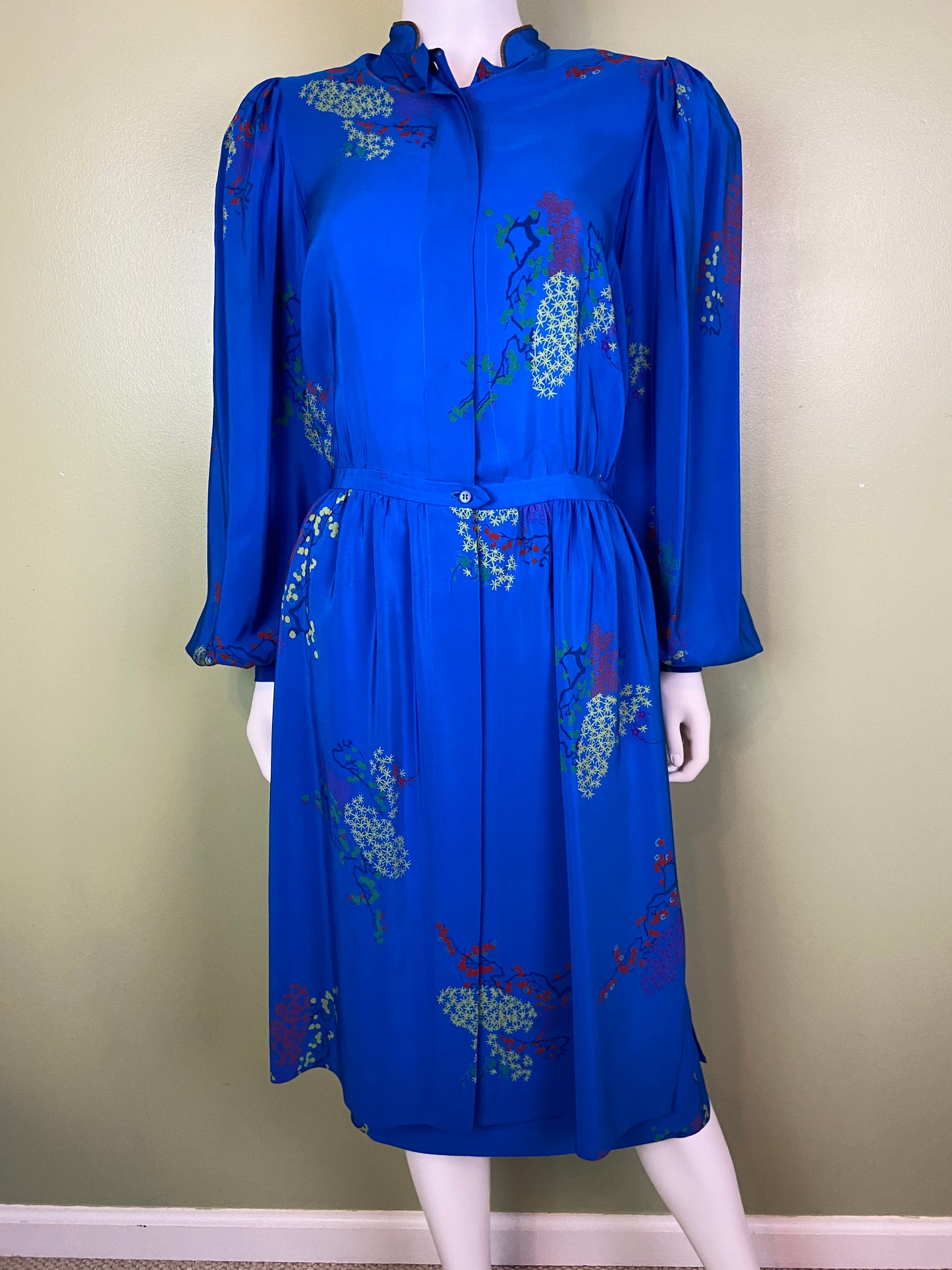 LANVIN Vintage Floral Royal Blue Silk Dress with Skirt Abby Essie