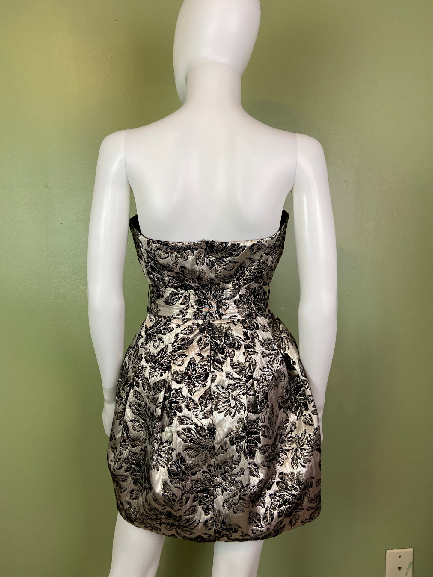 Silver Lame Black Floral Strapless Bustier Bubble Dress Abby Essie