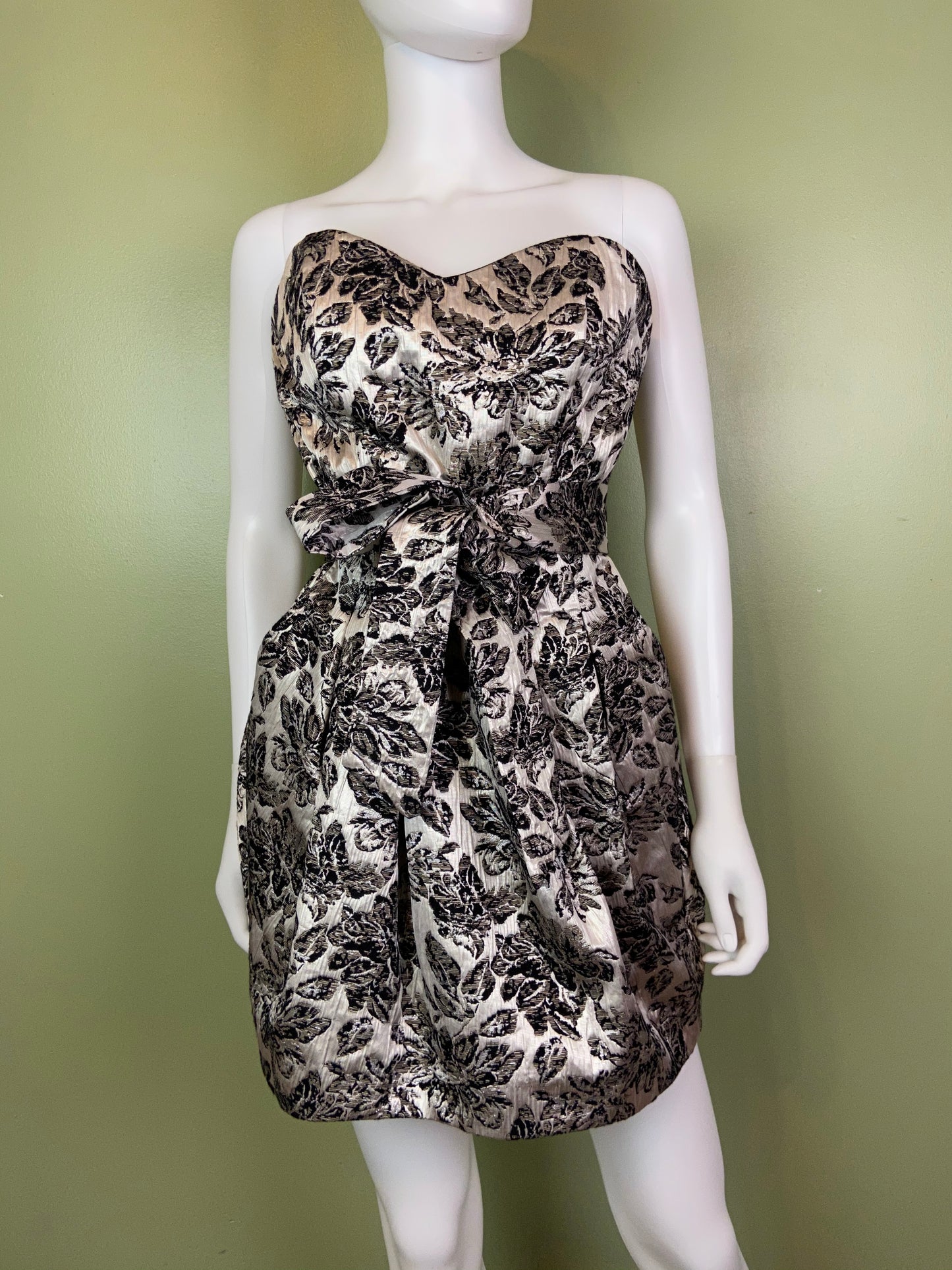 Silver Lame Black Floral Strapless Bustier Bubble Dress Abby Essie