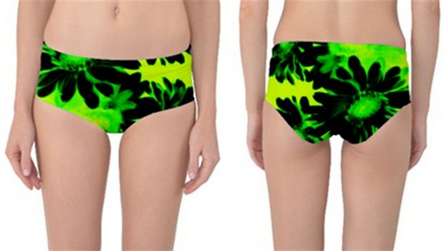 Suga Lane Floral Deviant Neon Green Black Mid  Waist Bikini Swim Bottoms ABBY ESSIE