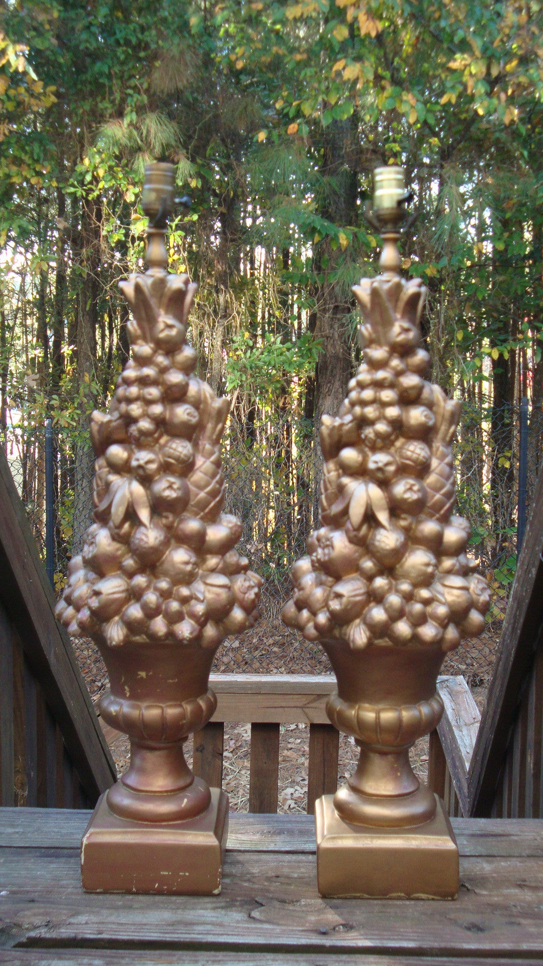 Monumental Hollywood Regency MONUMENTAL Art Deco GOLD FRUIT LAMPS - Pair of 2 Abby Essie