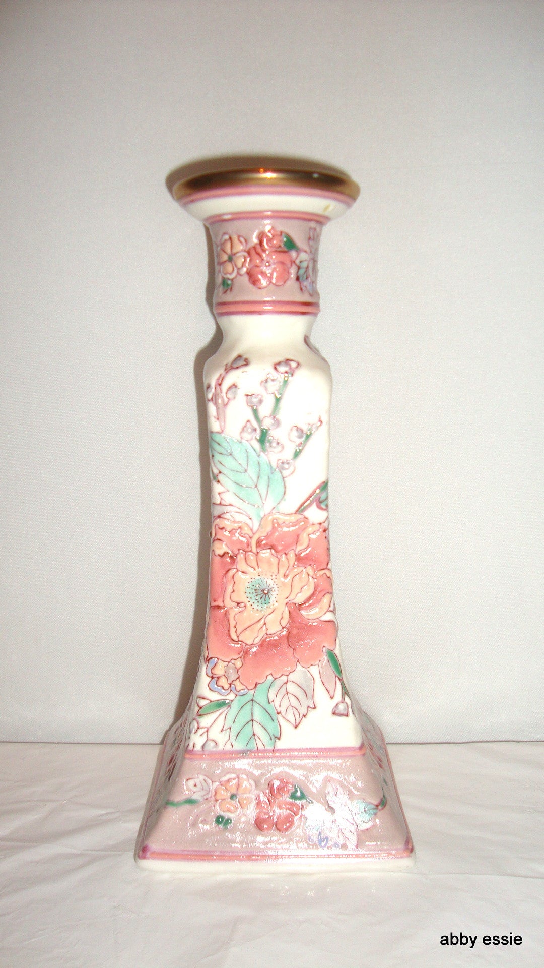 ONE PEACH BLOSSOM FLORAL ASIAN HAND PAINTED CANDLE HOLDER CANDLESTICK Abby Essie