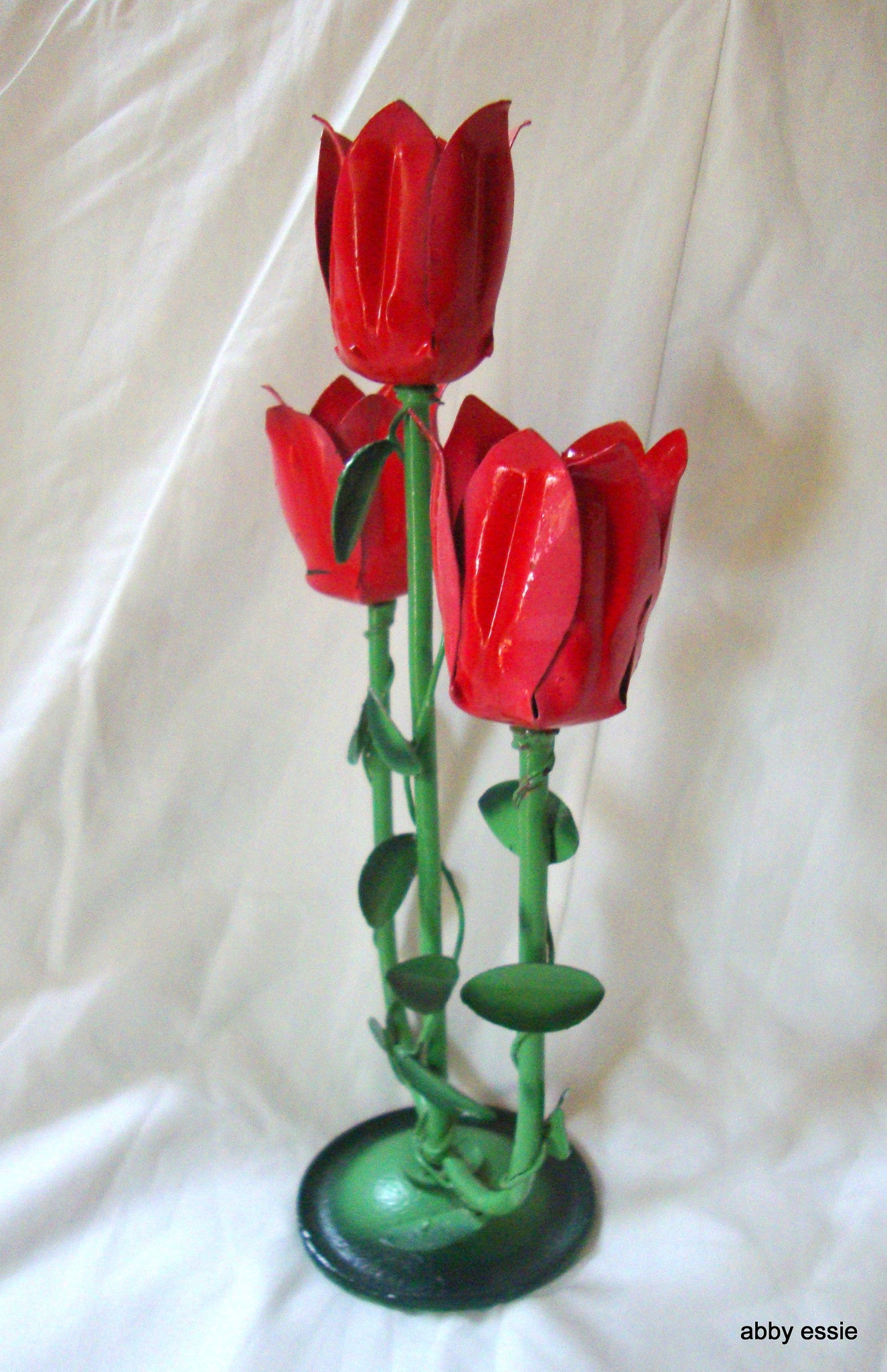 MID CENTURY MODERN JERE VINTAGE METAL SCULPTURE FLORAL RED ROSE CANDLE HOLDER CA Abby Essie