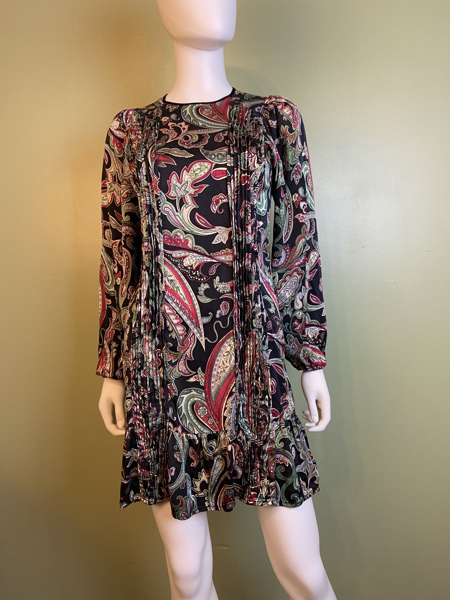 Paisley Pleated 100% Silk Black Green Puff Sleeve Dress Abby Essie