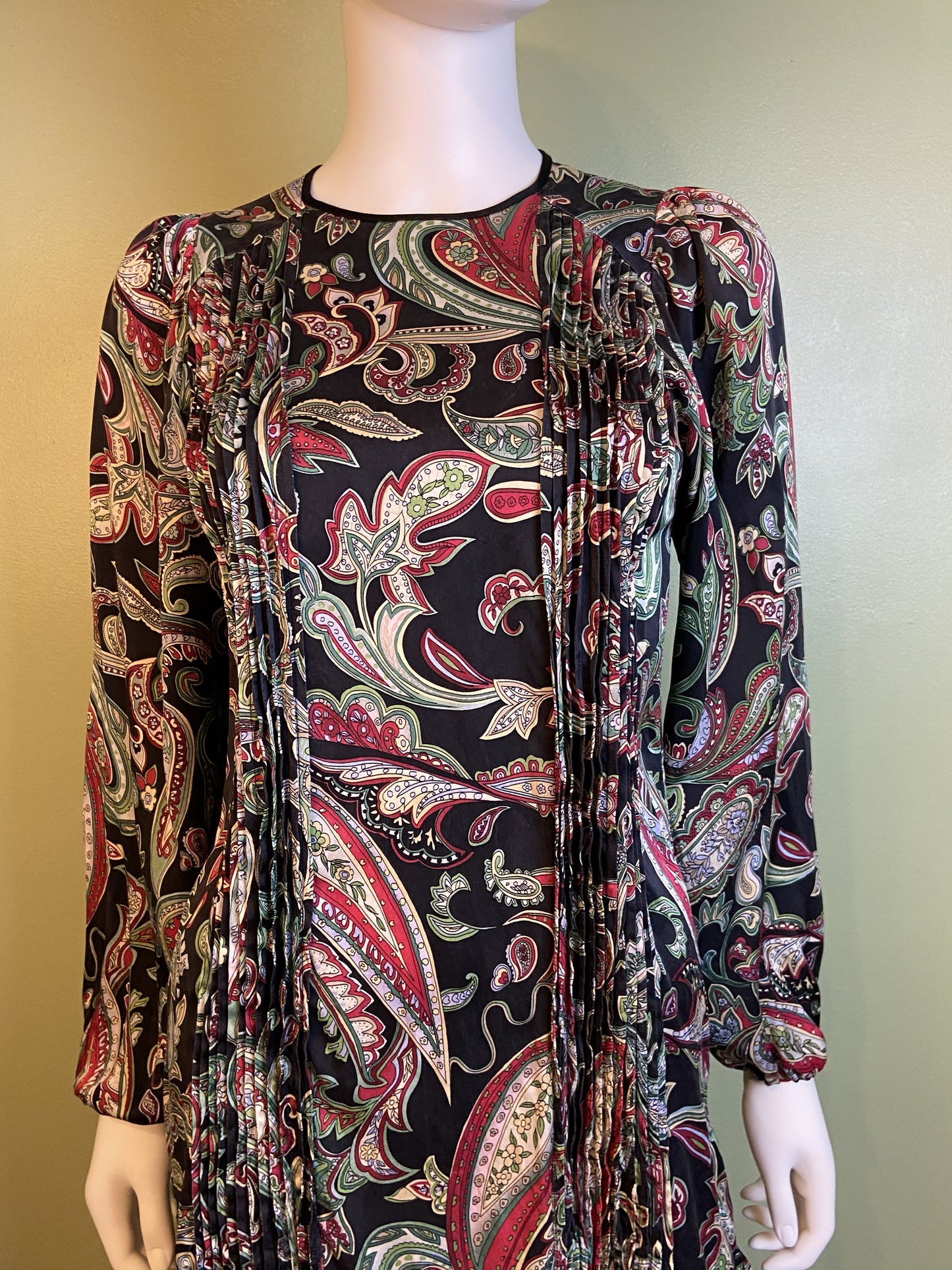 Paisley Pleated 100% Silk Black Green Puff Sleeve Dress Abby Essie