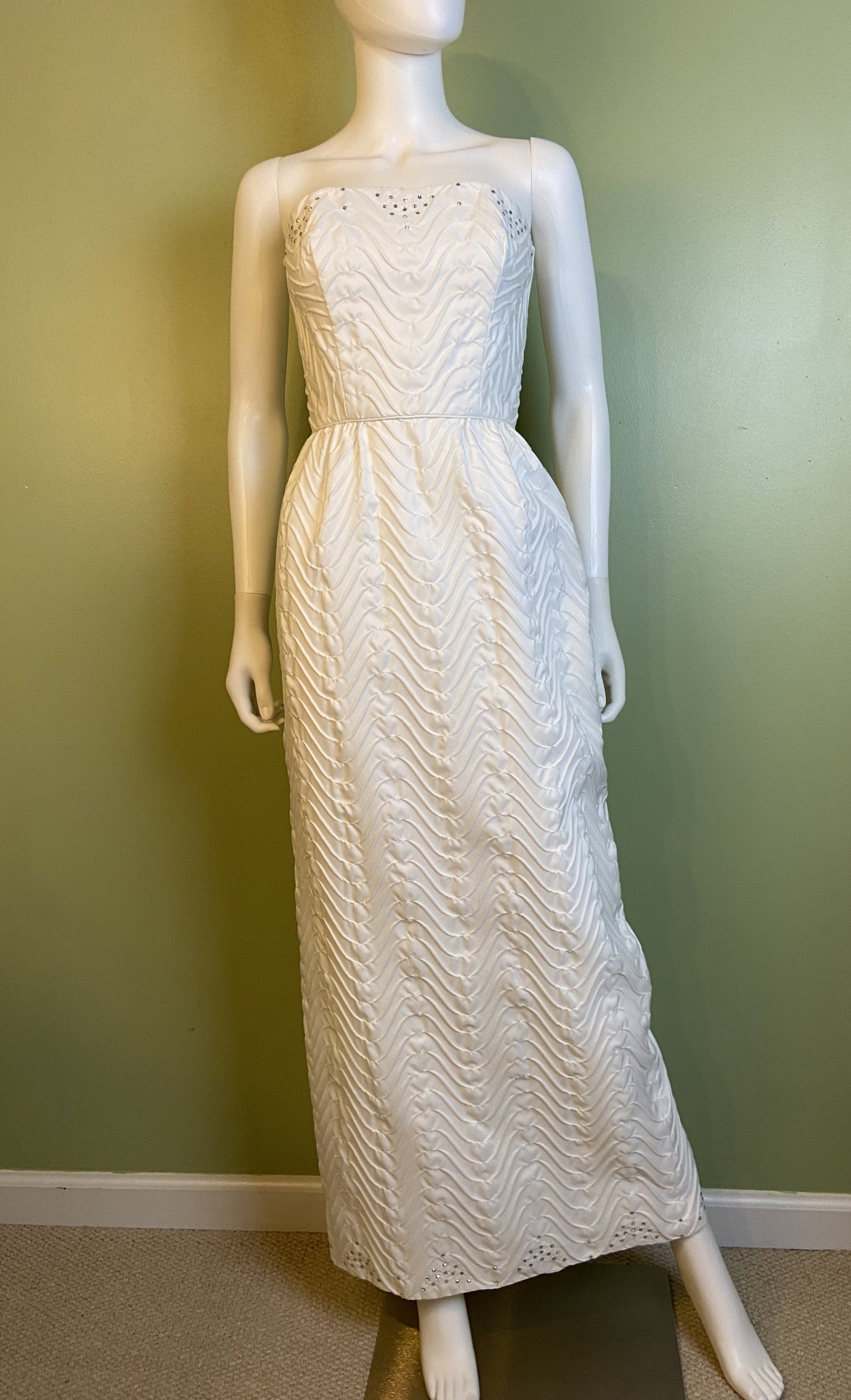 Vintage Mike Benet White Pleated Ruche Rhinestone Gown Abby Essie