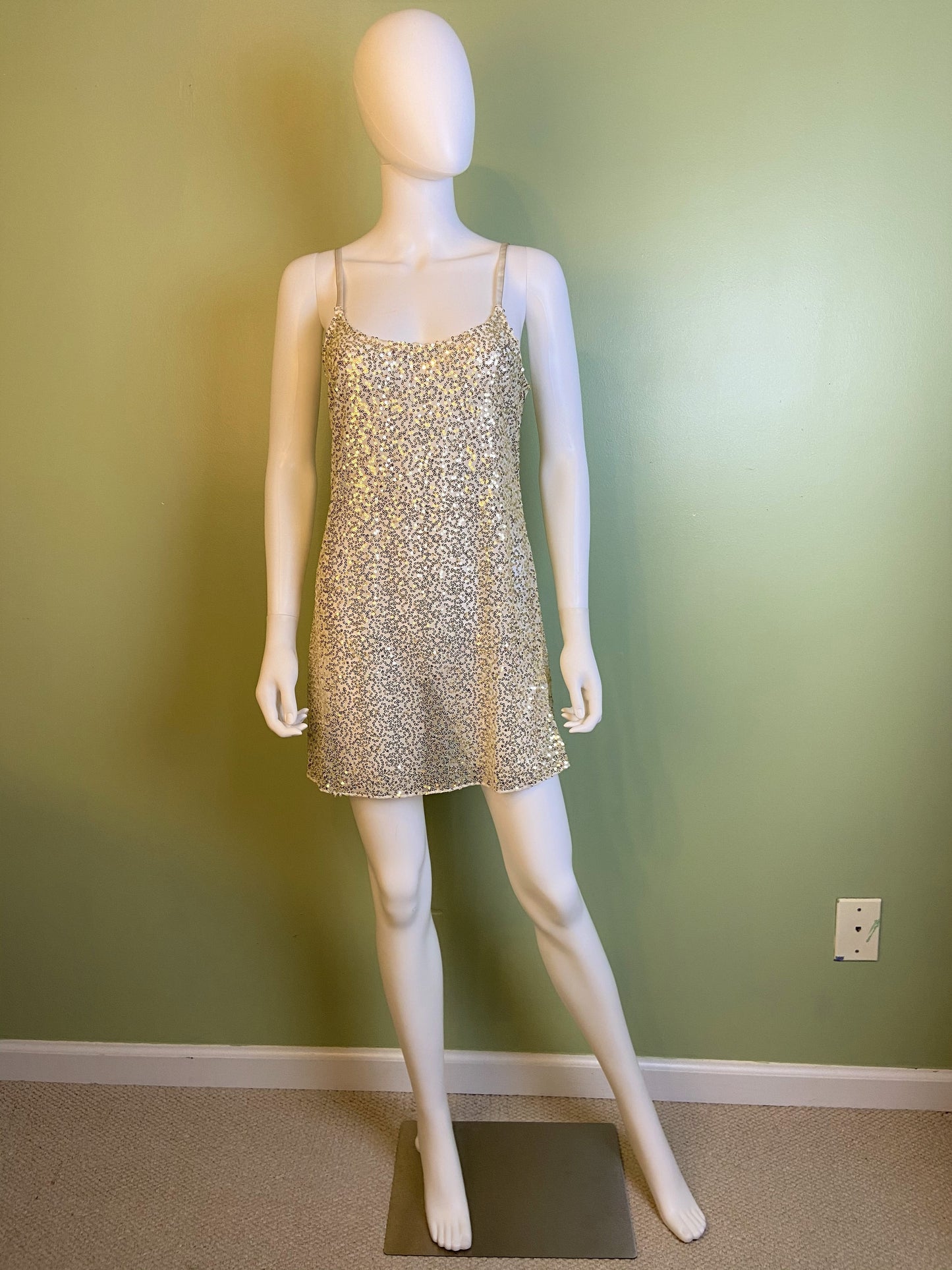 Sheer White Gold Sequin Stretch Cami Lingerie Mini Dress ABBY ESSIE Designer & Vintage