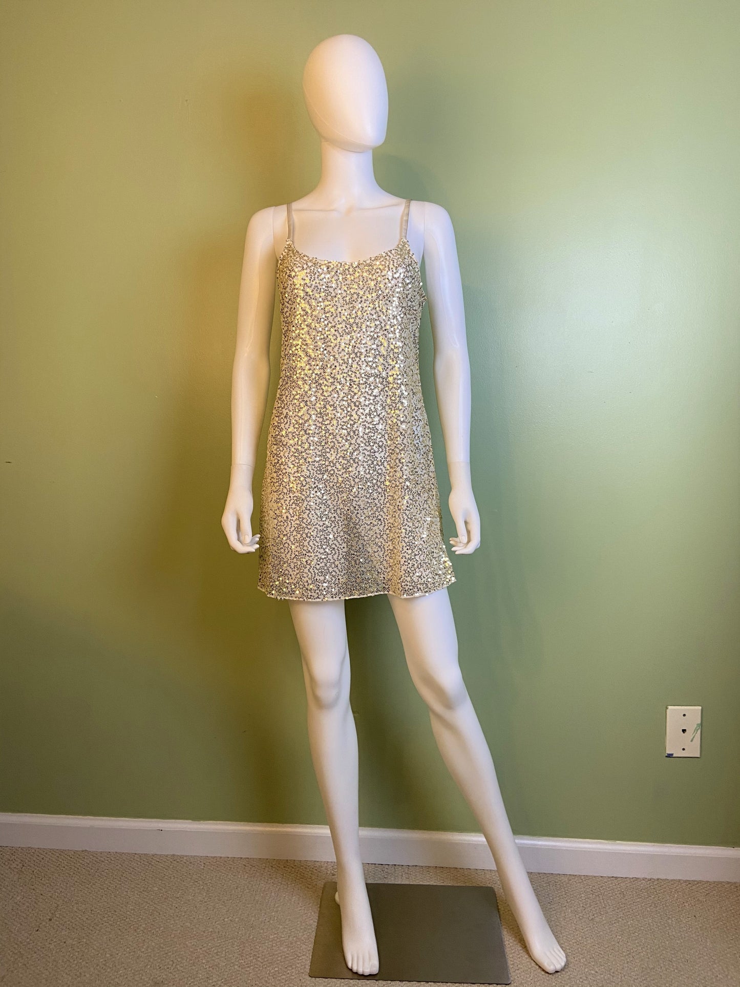 Sheer White Gold Sequin Stretch Cami Lingerie Mini Dress ABBY ESSIE Designer & Vintage