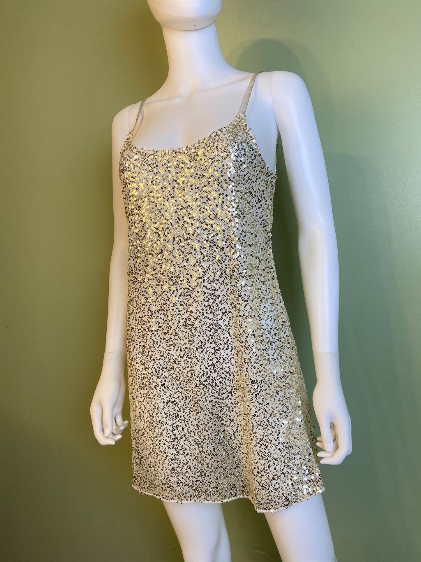 Sheer White Gold Sequin Stretch Cami Lingerie Mini Dress ABBY ESSIE Designer & Vintage