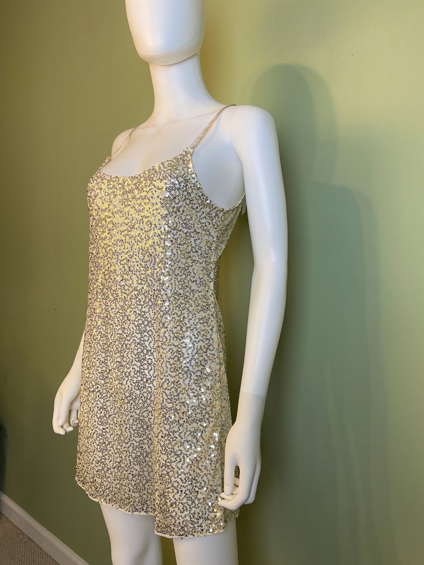Sheer White Gold Sequin Stretch Cami Lingerie Mini Dress