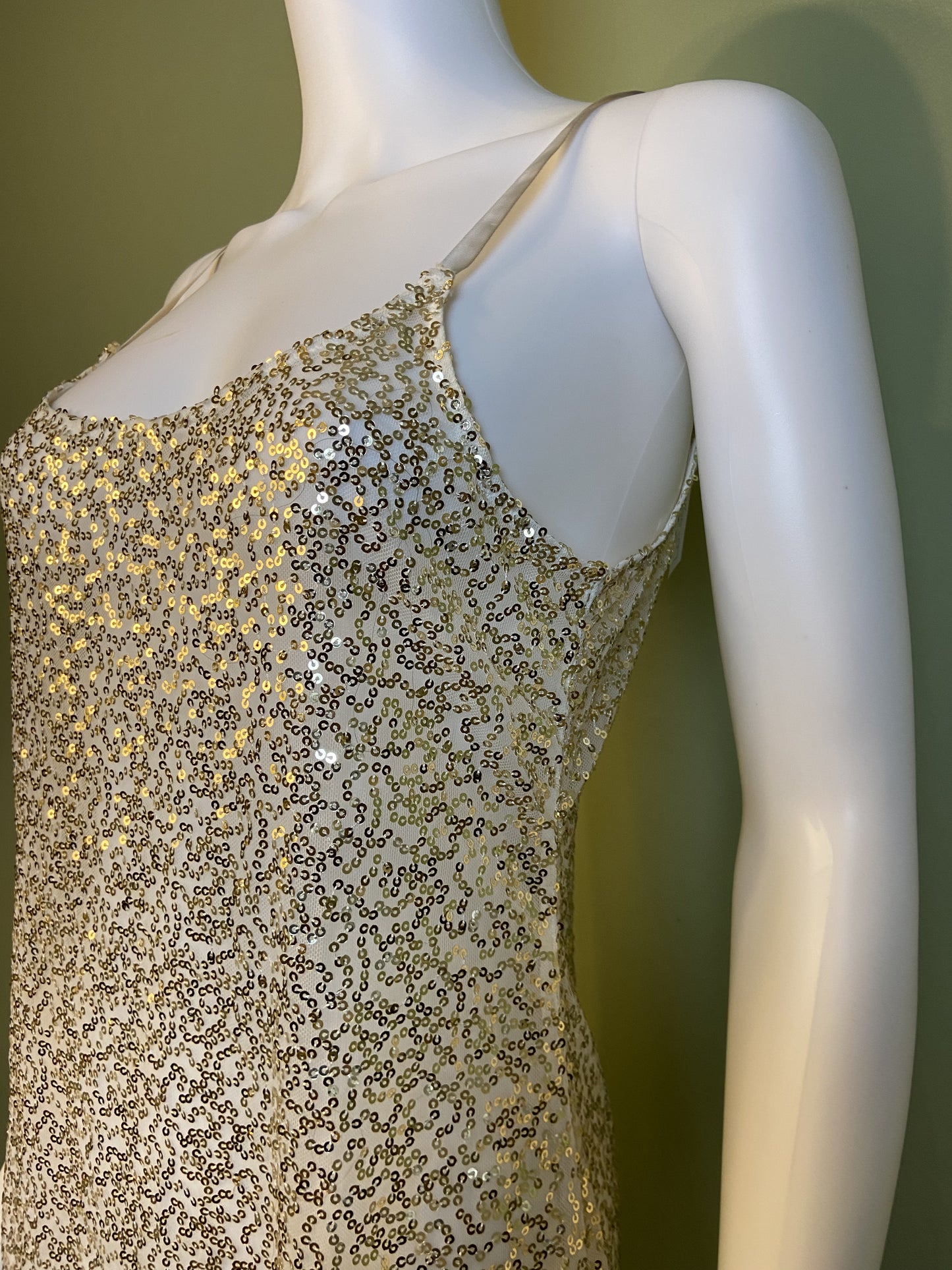 Sheer White Gold Sequin Stretch Cami Lingerie Mini Dress