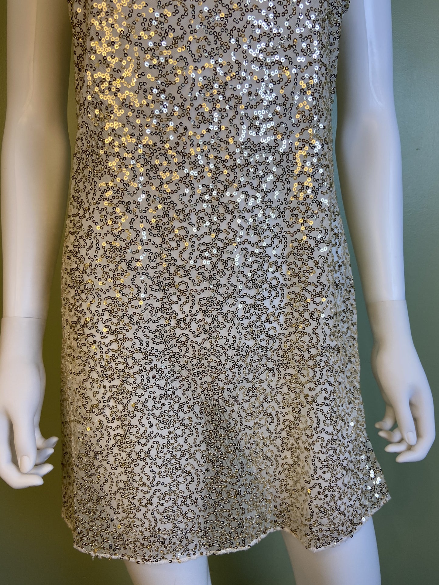 Sheer White Gold Sequin Stretch Cami Lingerie Mini Dress