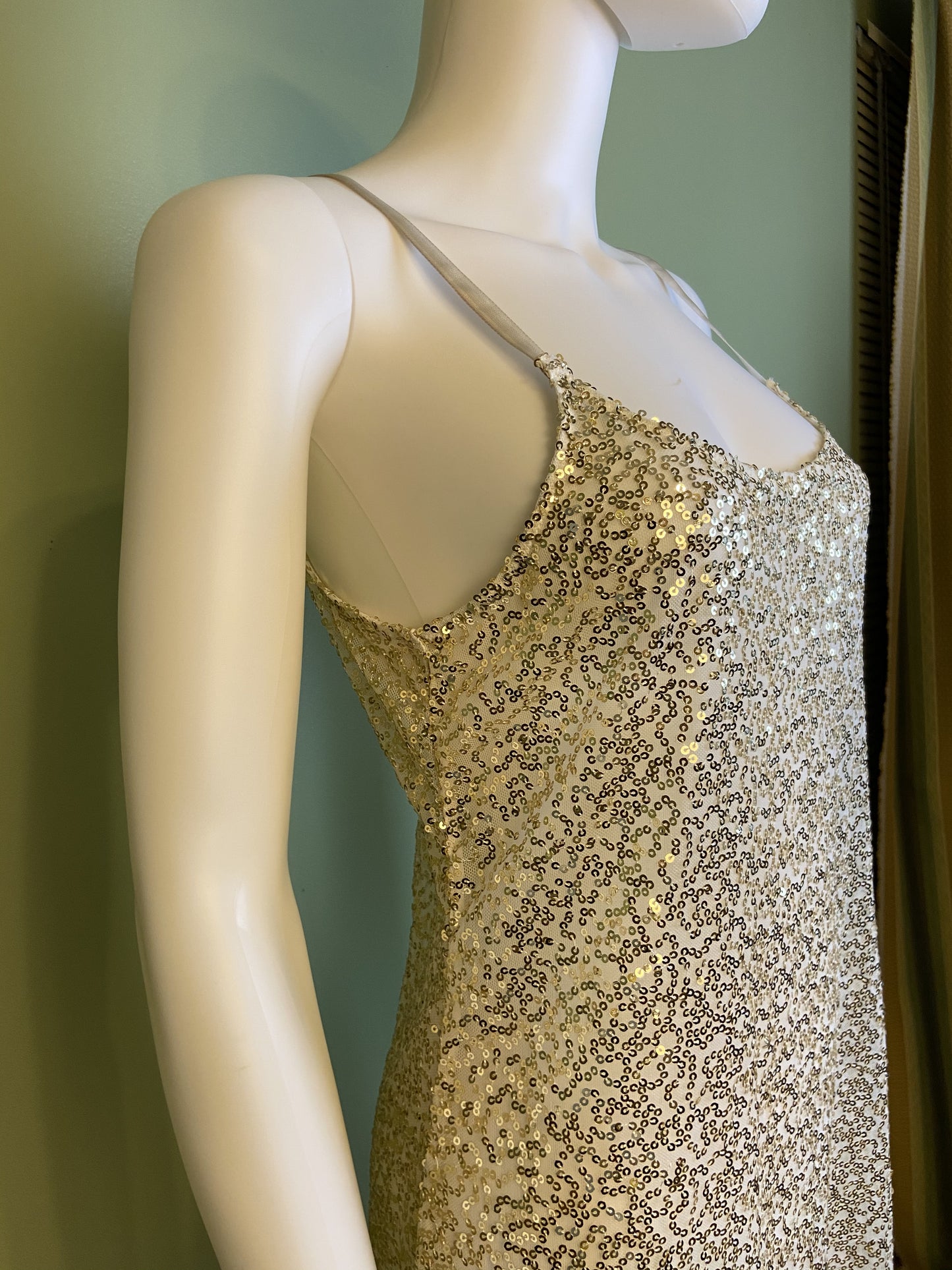 Sheer White Gold Sequin Stretch Cami Lingerie Mini Dress
