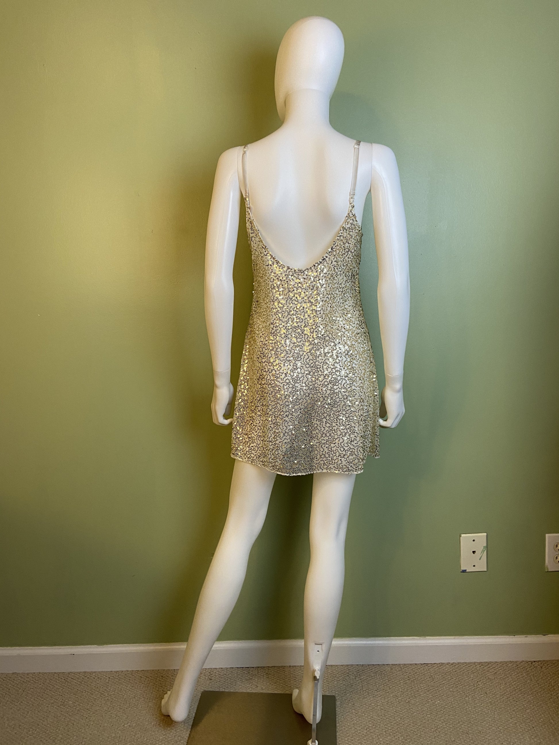 Sheer White Gold Sequin Stretch Cami Lingerie Mini Dress ABBY ESSIE Designer & Vintage