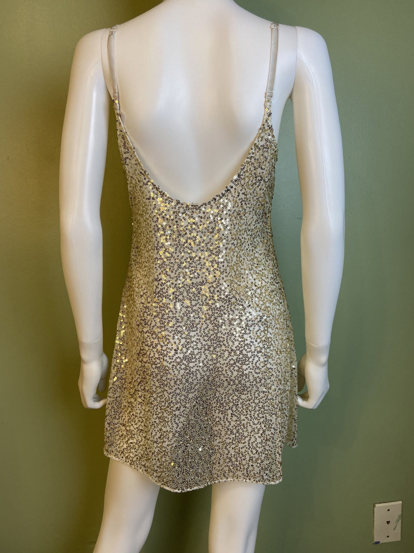 Sheer White Gold Sequin Stretch Cami Lingerie Mini Dress ABBY ESSIE Designer & Vintage